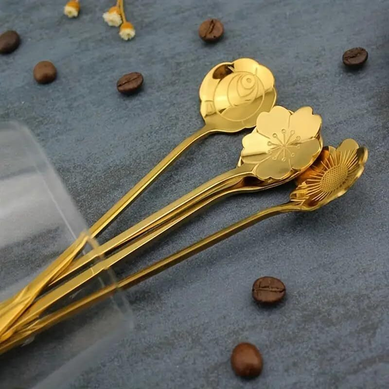 Style Keepers 12Pcs Flower Dessert Spoons, Coffee Teaspoon Set Stainless Steel Tableware Sugar Spoon Small Tea Spoons Cafe Bar Spoon Cute Coffee Teaspoon Mini Tableware, 4 Styles (Gold) (12), 18Cm