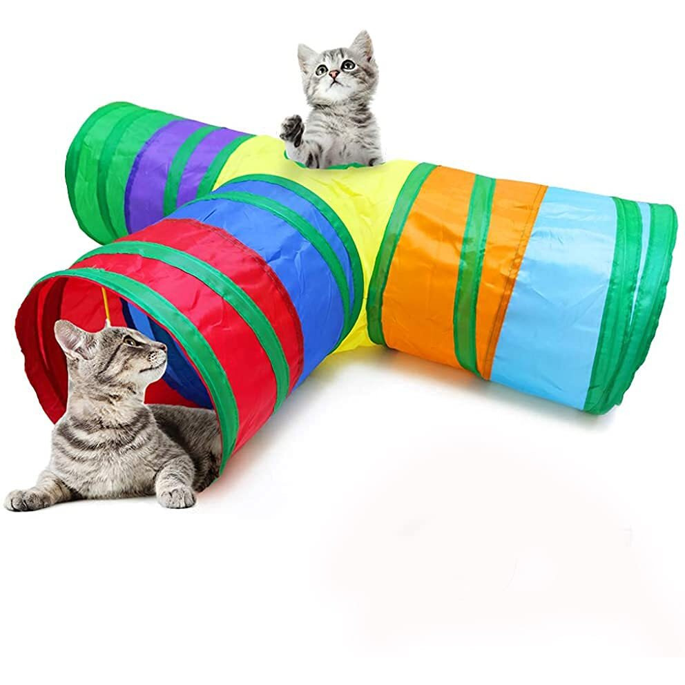 Qpets 3 Way Rainbow Tunnel Cat Toys Pet Tube Collapsible Play Toy Kitten Toys Cat Playing Toys Indoor Outdoor Kitty Puppy Toys For Puzzle Exercising Hiding Training Toy