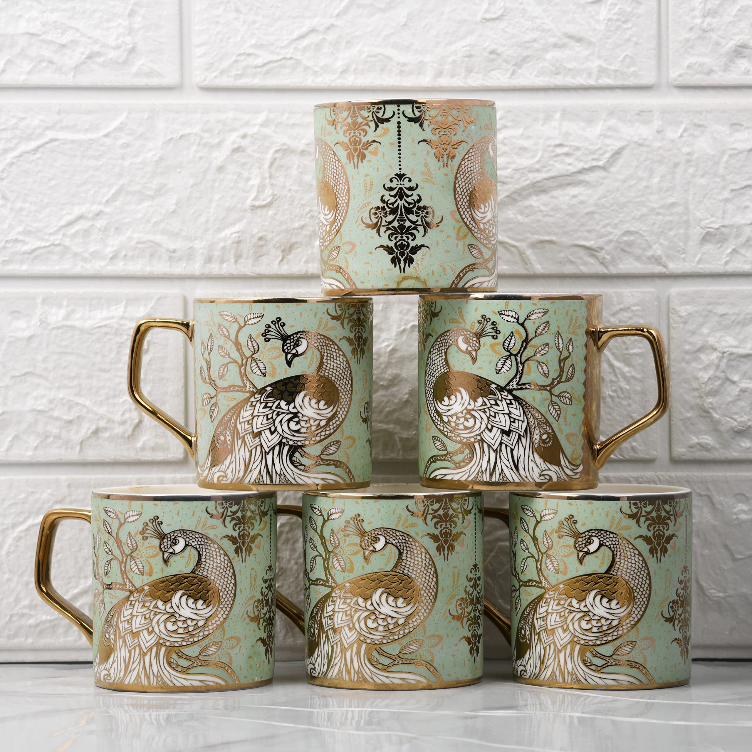 Femora Premium Peacock Motif With Leaves Pattern Ceramic Coffee & Tea Cup Set Of 6, 180 Ml, Golden