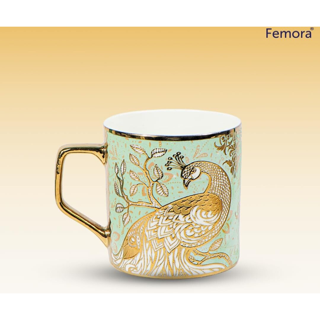 Femora Premium Peacock Motif With Leaves Pattern Ceramic Coffee & Tea Cup Set Of 6, 180 Ml, Golden