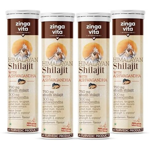 Zingavita Himalayan Shilajit For Men Pure Original Shilajit/Shilajeet (750 Mg) With Ashwagandha Effervescent Tablets For Stamina & Performance Cardamom Flavour | 100% Ayurvedic | Pack Of 4