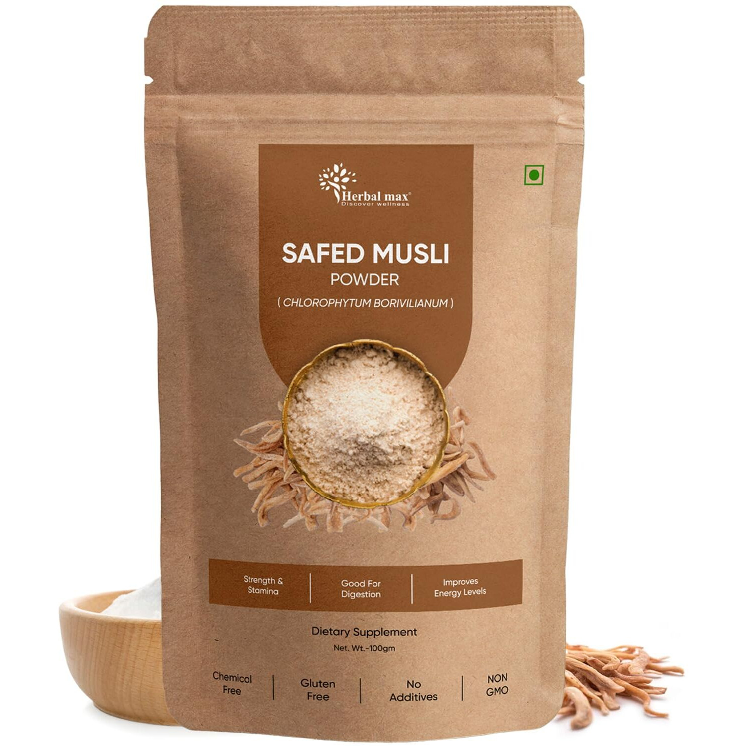 Herbal Max Organic Safed Musli Root Powder - 100 Gm | Ayurvedic Support For Vitality & Performance | Herbal Supplement | Strength & Stamina
