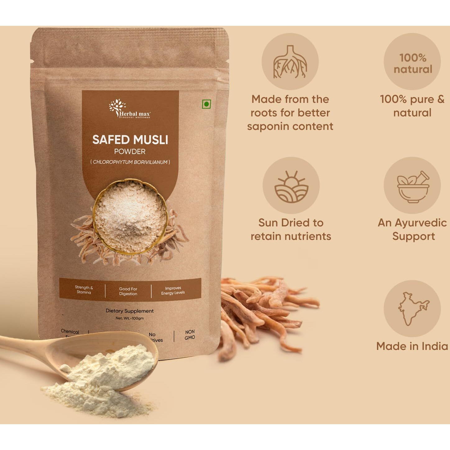 Herbal Max Organic Safed Musli Root Powder - 100 Gm | Ayurvedic Support For Vitality & Performance | Herbal Supplement | Strength & Stamina