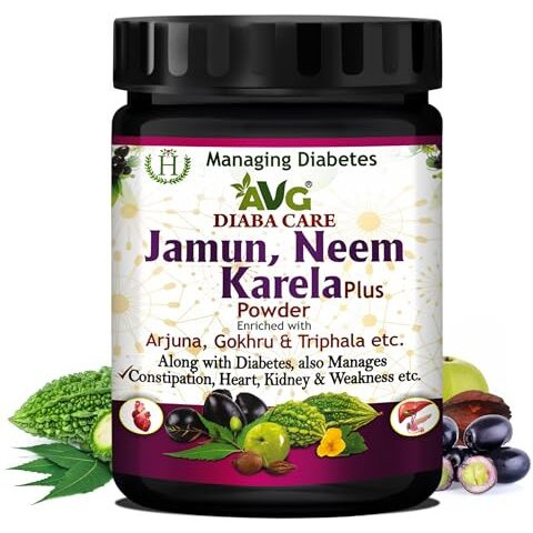 Avg Health Organics Diaba Care Karela Jamun Neem Powder 200G, Diabetes Control Ayurvedic Supplement With Arjuna, Gokhru & Triphala, Helps In Relieving Constipation