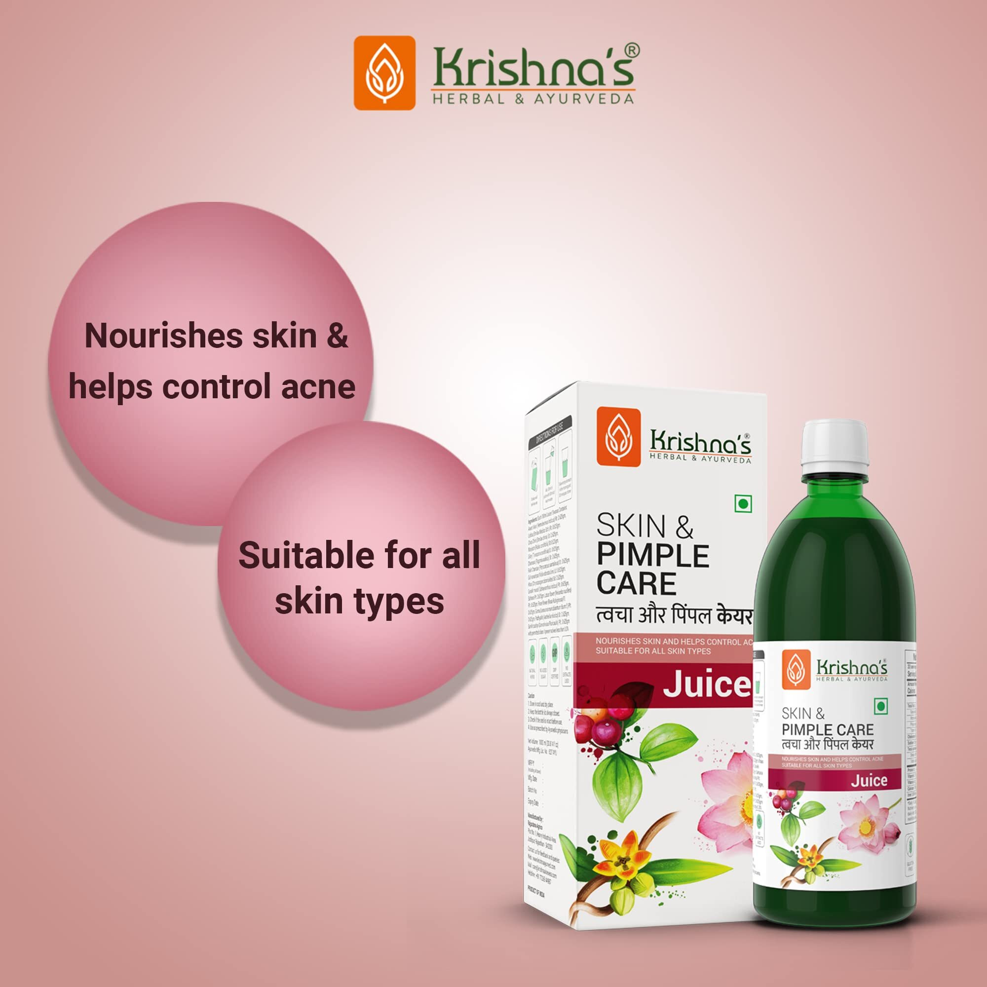 Krishna's Herbal & Ayurveda Skin & Pimple Care Juice - 1000 Ml | Ayurvedic Skin Care Expert With Manjisth, Rose, Sankhpushpi & 13 Other Herbs | Helps In Reducing Acne, Pimples & Dark Spot