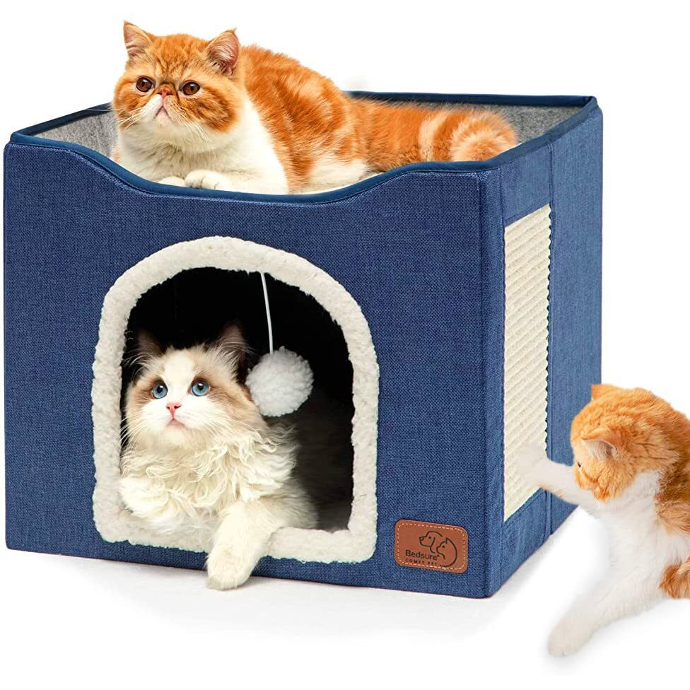 Qpets Cat Beds For Cats Large Cat House Cat Cave For Pet Cat House With Fluffy Ball Hanging Toy And Scratch Pad, Foldable Cat House Cat Hidewawy, Blue, 16.5X16.5X14 Inches