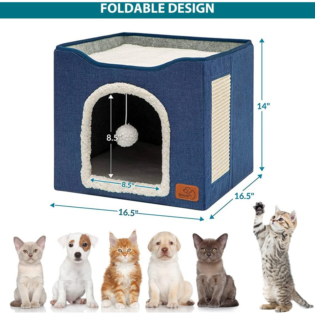 Qpets Cat Beds For Cats Large Cat House Cat Cave For Pet Cat House With Fluffy Ball Hanging Toy And Scratch Pad, Foldable Cat House Cat Hidewawy, Blue, 16.5X16.5X14 Inches