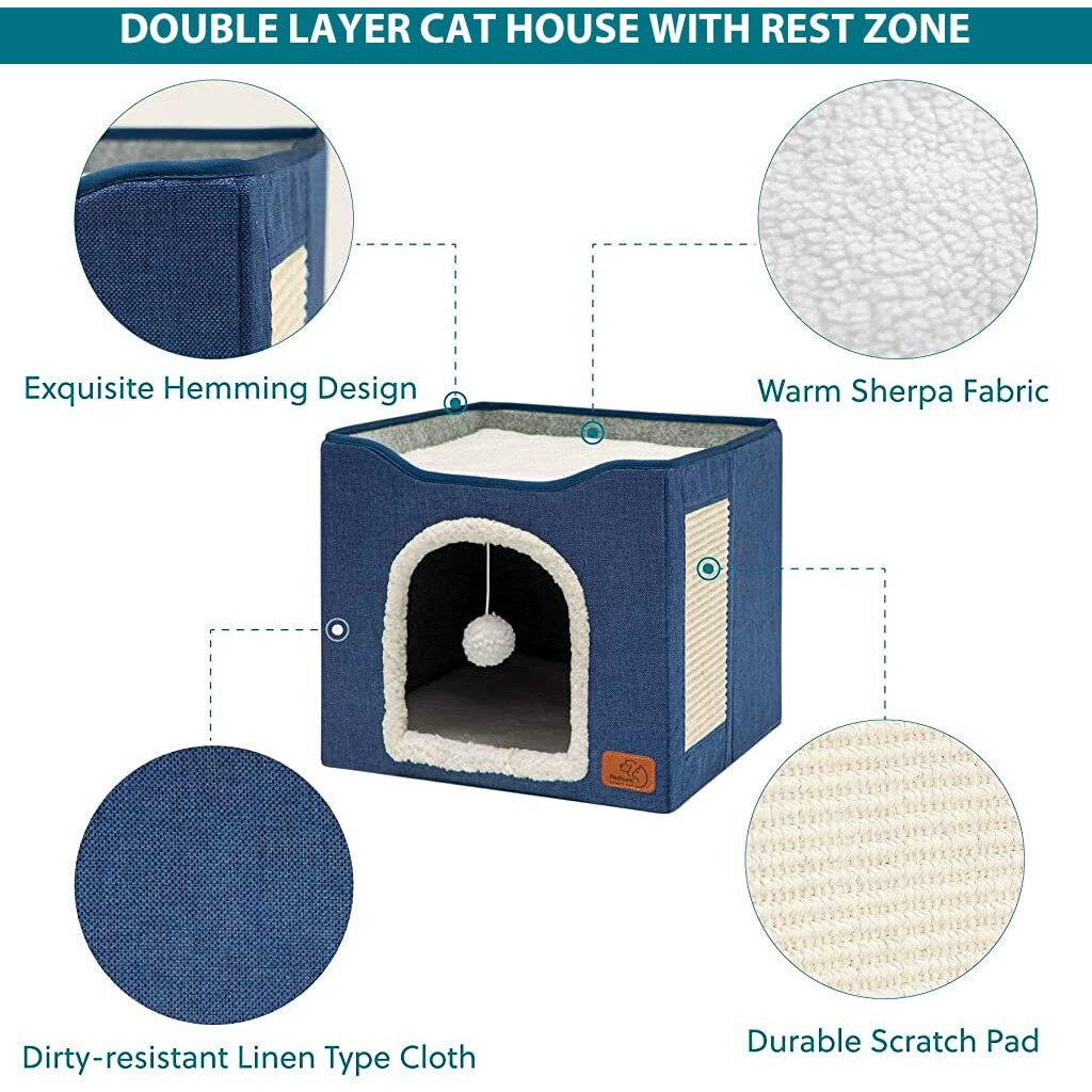 Qpets Cat Beds For Cats Large Cat House Cat Cave For Pet Cat House With Fluffy Ball Hanging Toy And Scratch Pad, Foldable Cat House Cat Hidewawy, Blue, 16.5X16.5X14 Inches