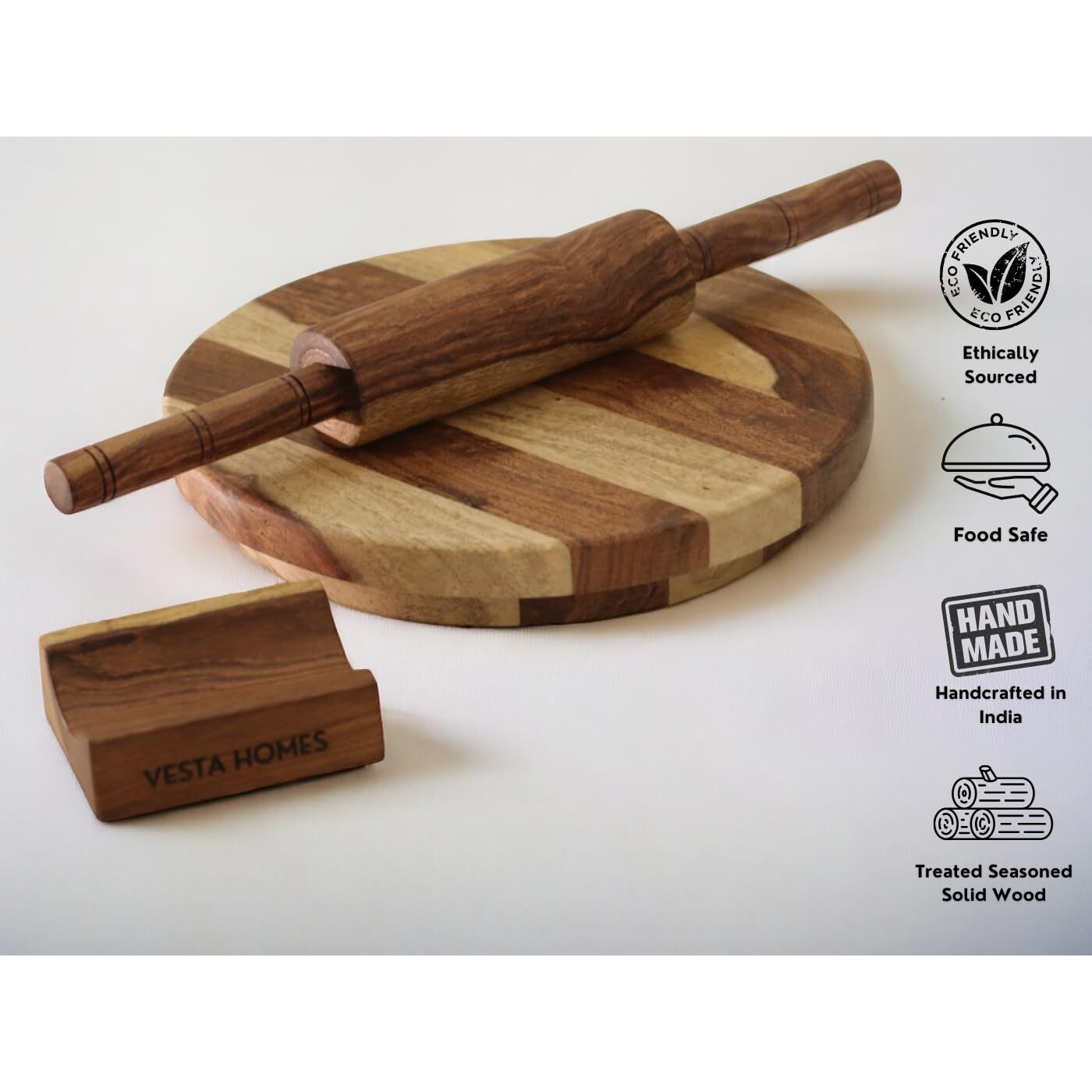 Vesta Homes Wooden Chakla/Pastryboard For Kitchen | Premium Solid Wood Roti, Chapati Rolling Board | 9 * 9 * 1.5 Inches | No Chemical Polish | Handmade In India