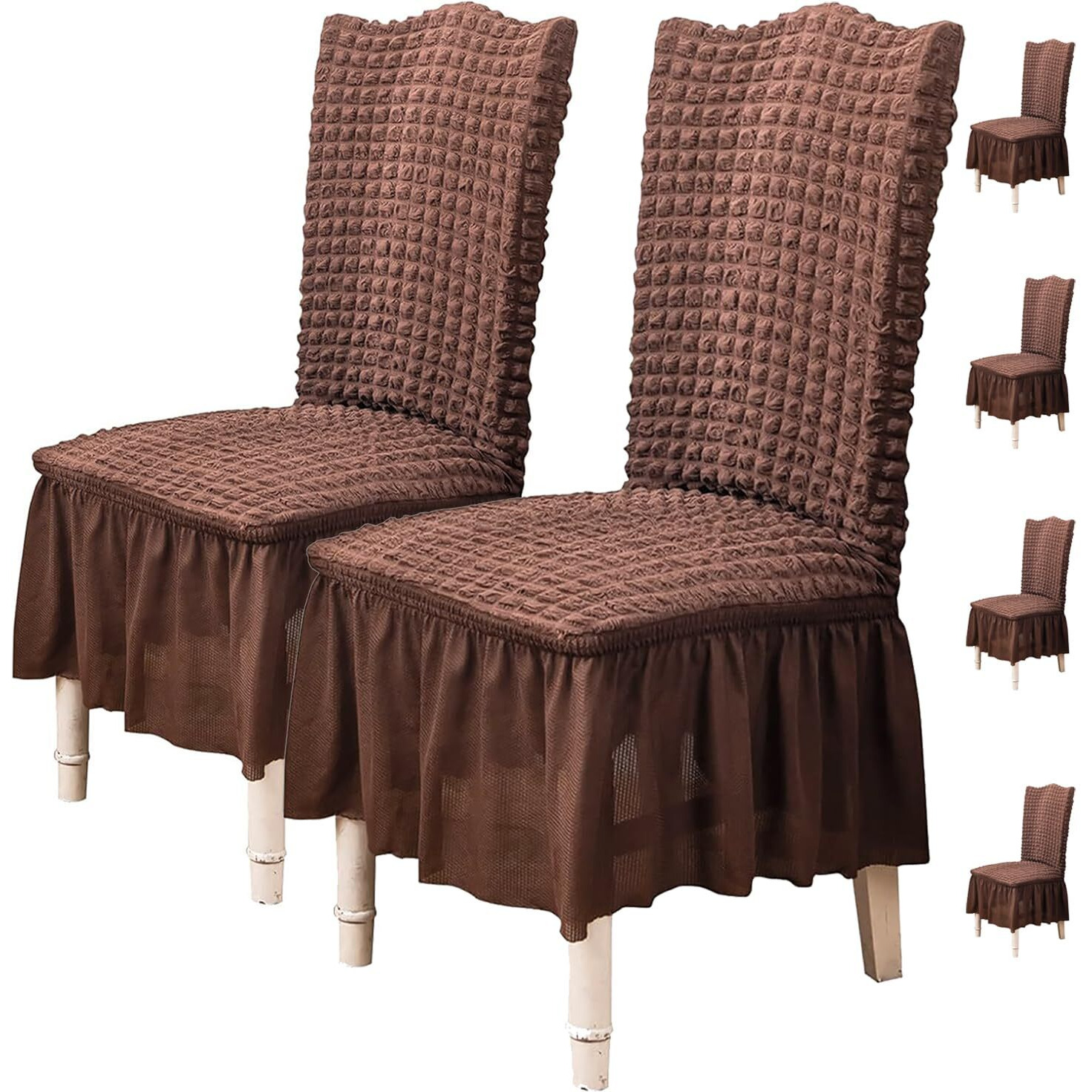 House Of Quirk Polyester Turkish Bubble Frill Chair Cover Stretch Removable Washable Short Dining Chair Cover Protector Seat Slipcover (Coffee, Pack Of 6)
