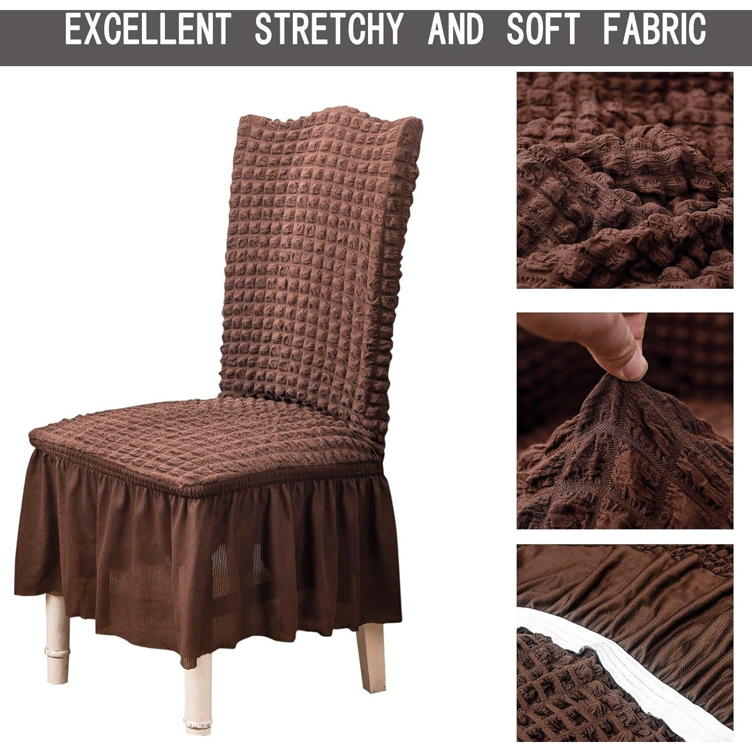 House Of Quirk Polyester Turkish Bubble Frill Chair Cover Stretch Removable Washable Short Dining Chair Cover Protector Seat Slipcover (Coffee, Pack Of 6)