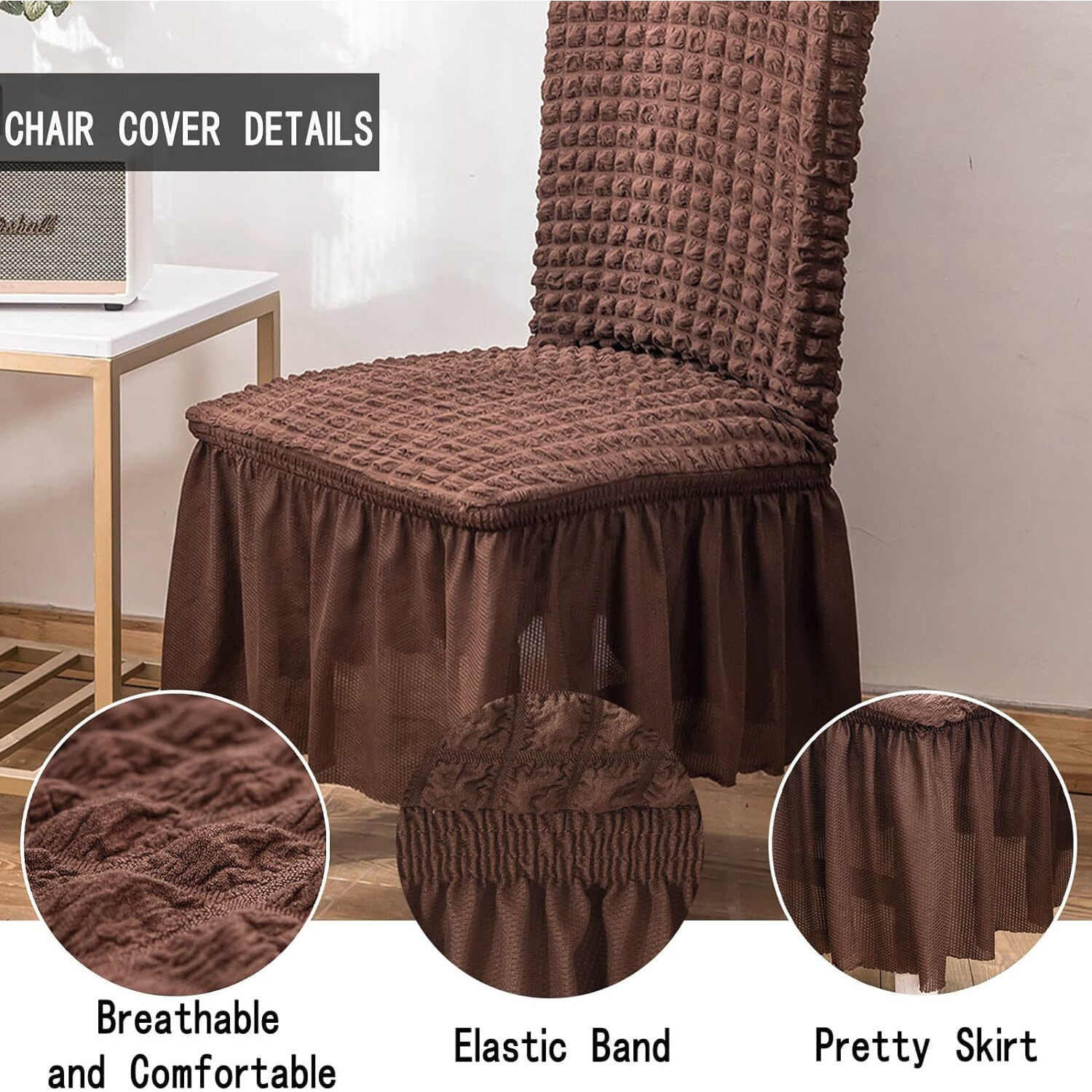 House Of Quirk Polyester Turkish Bubble Frill Chair Cover Stretch Removable Washable Short Dining Chair Cover Protector Seat Slipcover (Coffee, Pack Of 6)