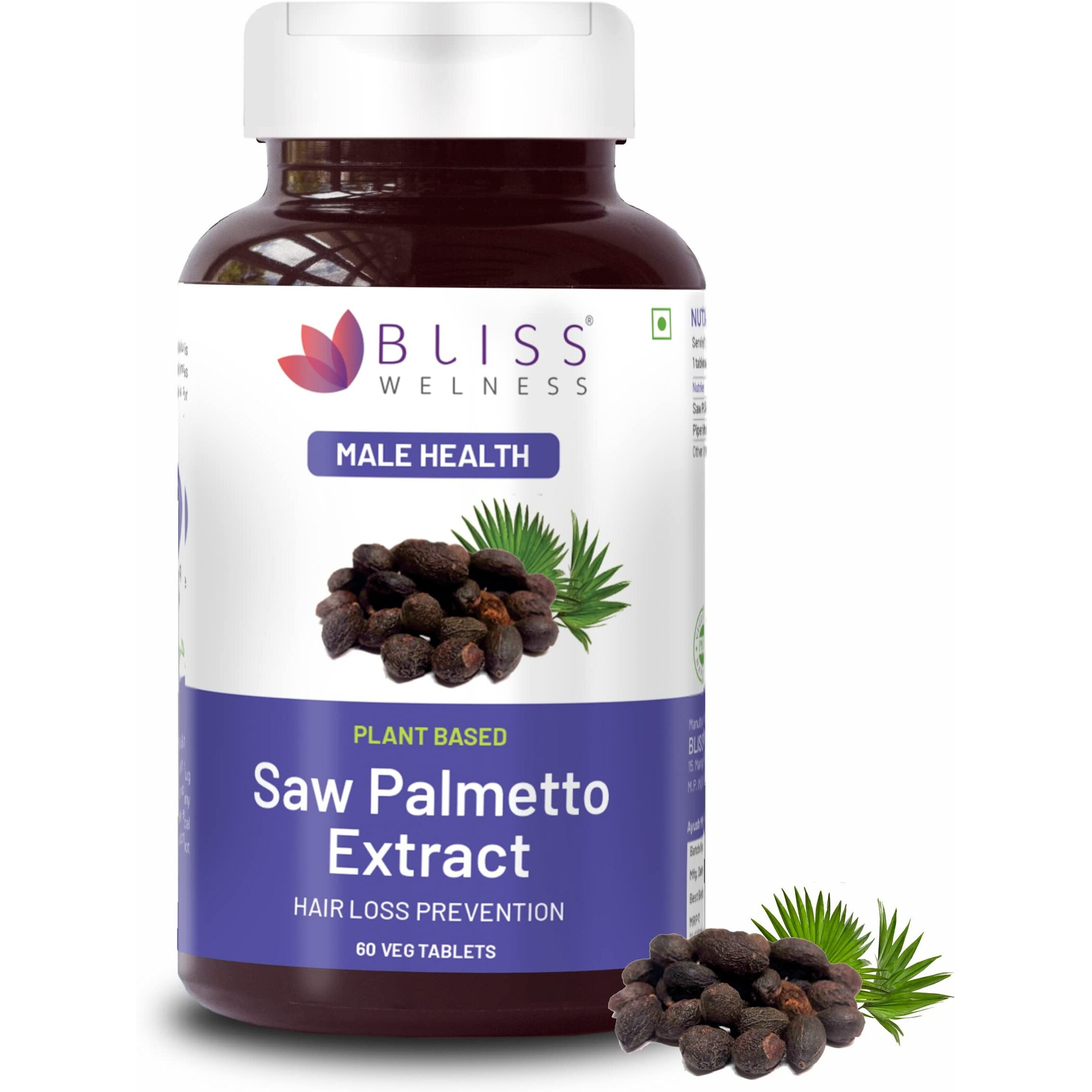 Bliss Welness Saw Palmetto Extract 800 Mg | Hair Growth Prostate Health Support Urinary Tract Function Prevent Hair Fall Ayurvedic Dht Blocker Health Supplement - 60 Veg Tablets