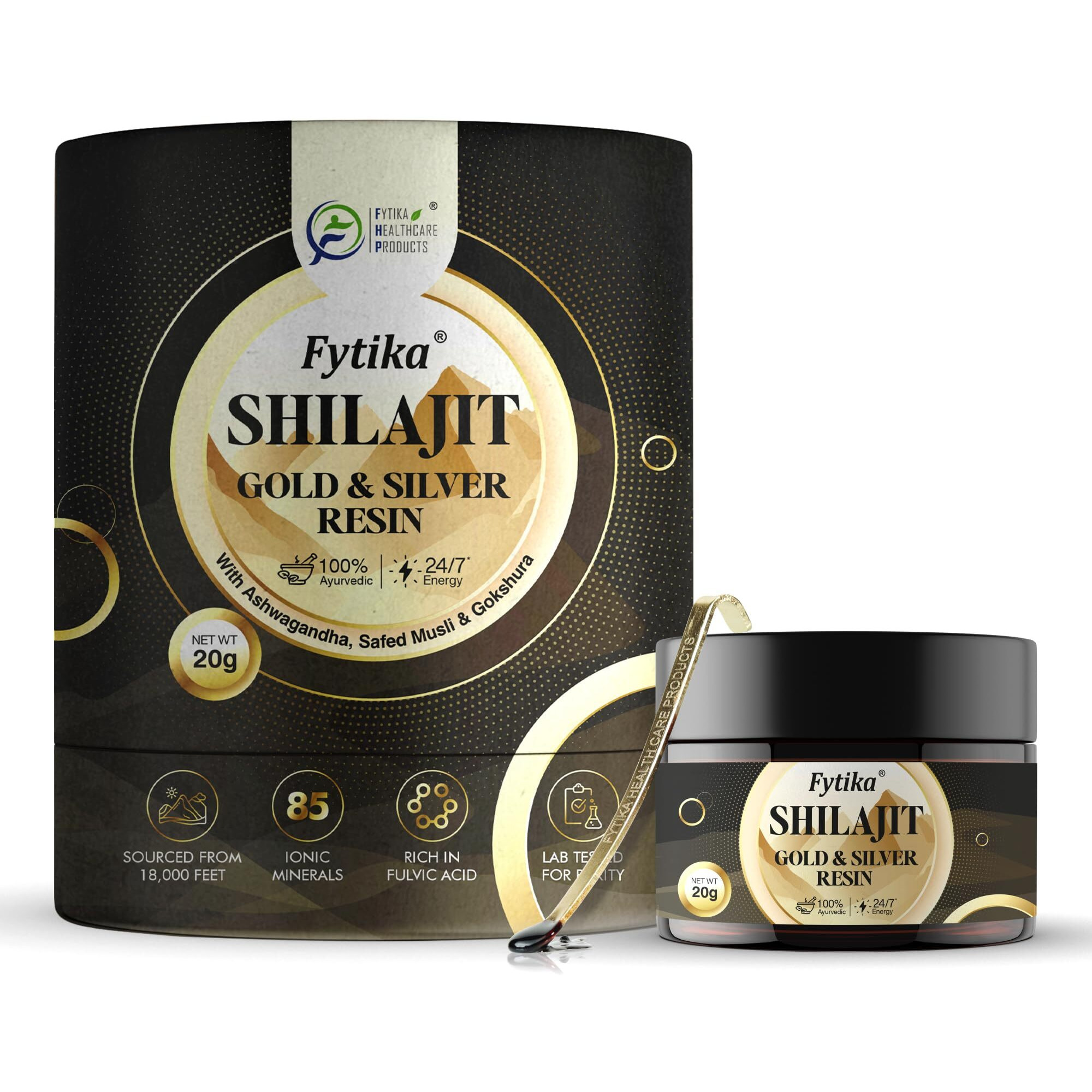 Fytika Shilajit/Shilajeet Gold And Silver Resin-20 G|100% Ayurvedic Himalayan Shilajit|Swarn Bhasam,Rajat Bhasam,Ashwagandha,Safed Musli,Gokshura|For Strength,Stamina And Energy,1 Count,20 Grams