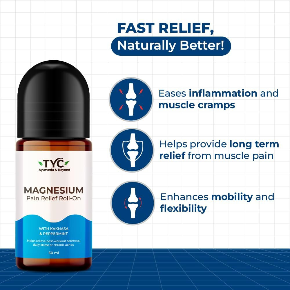 Tyc - Trust Your Choice Magnesium Pain Relief Roll-On, Instant Relief For Back, Joint, Knee, Neck Pain, Muscle Stiffness And Sports Injuries With Natural Ingredients, Pack Of 1 (50Ml)