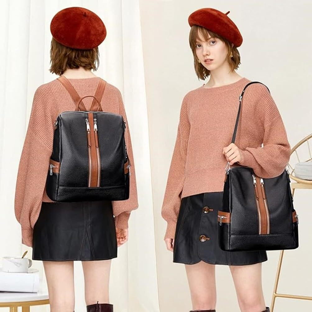Comfabie Fashion Backpacks For Women, Pu Leather Handbags, Zipper Ladies Purse, Daypacks Bags, Casual Backpacks, Antitheft Soft Rucksack Versatile Shoulder Bags With Laptop Compartment (Black & Brown)