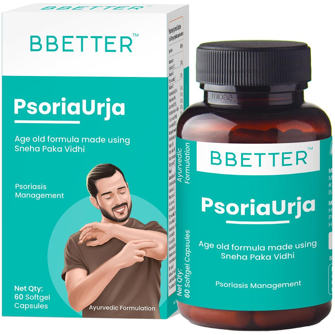 Bbetter Psoriaurja - Lab Tested Ayurvedic Medicine For Skin Health Management | Made Using Sneha Paka Vidhi Method | 60 Softgels