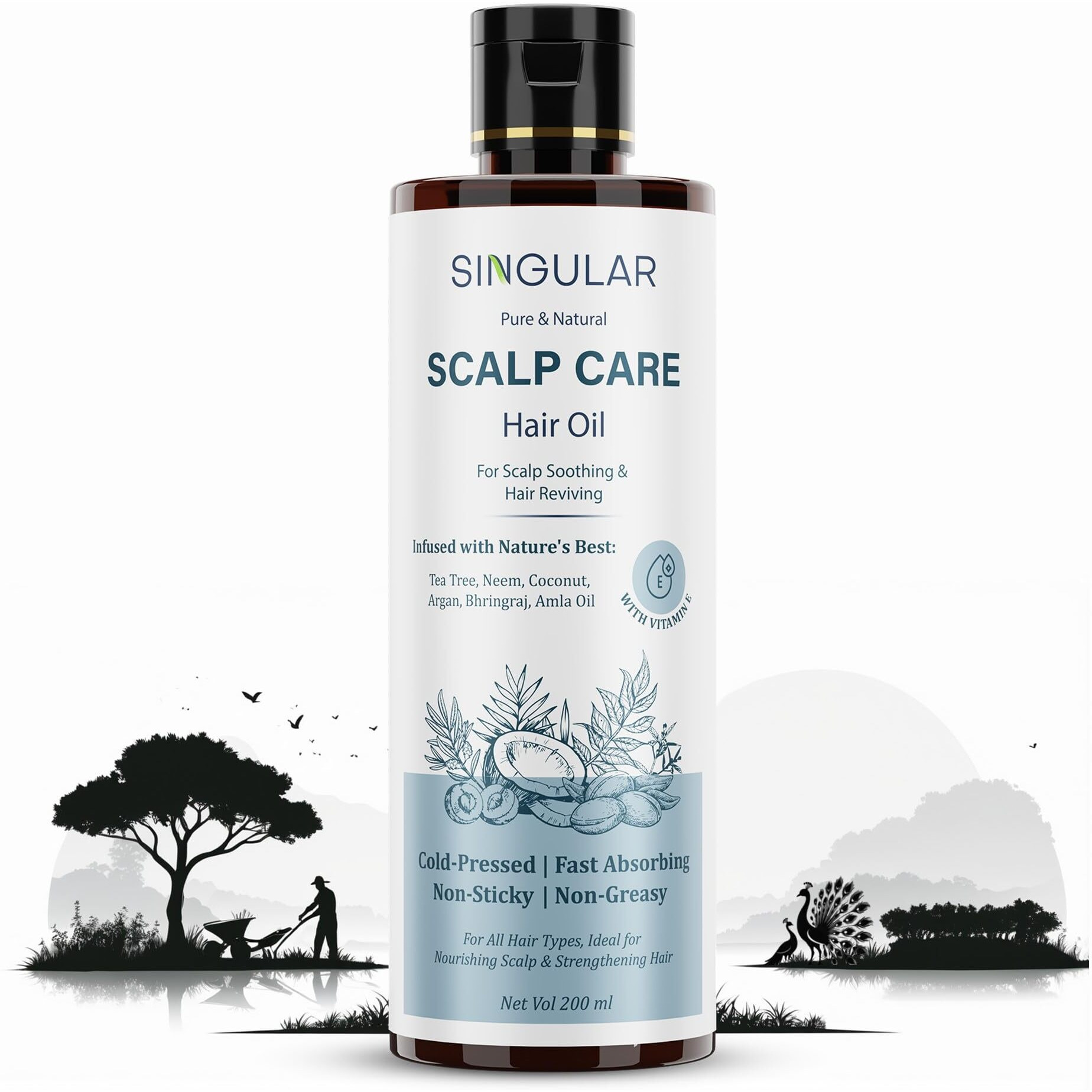 Singular Scalp Care Hair Oil For Itchy Scalp, Soothing & Sebum Control, Cold-Pressed With Tea Tree, Neem, Argan & More - 200Ml