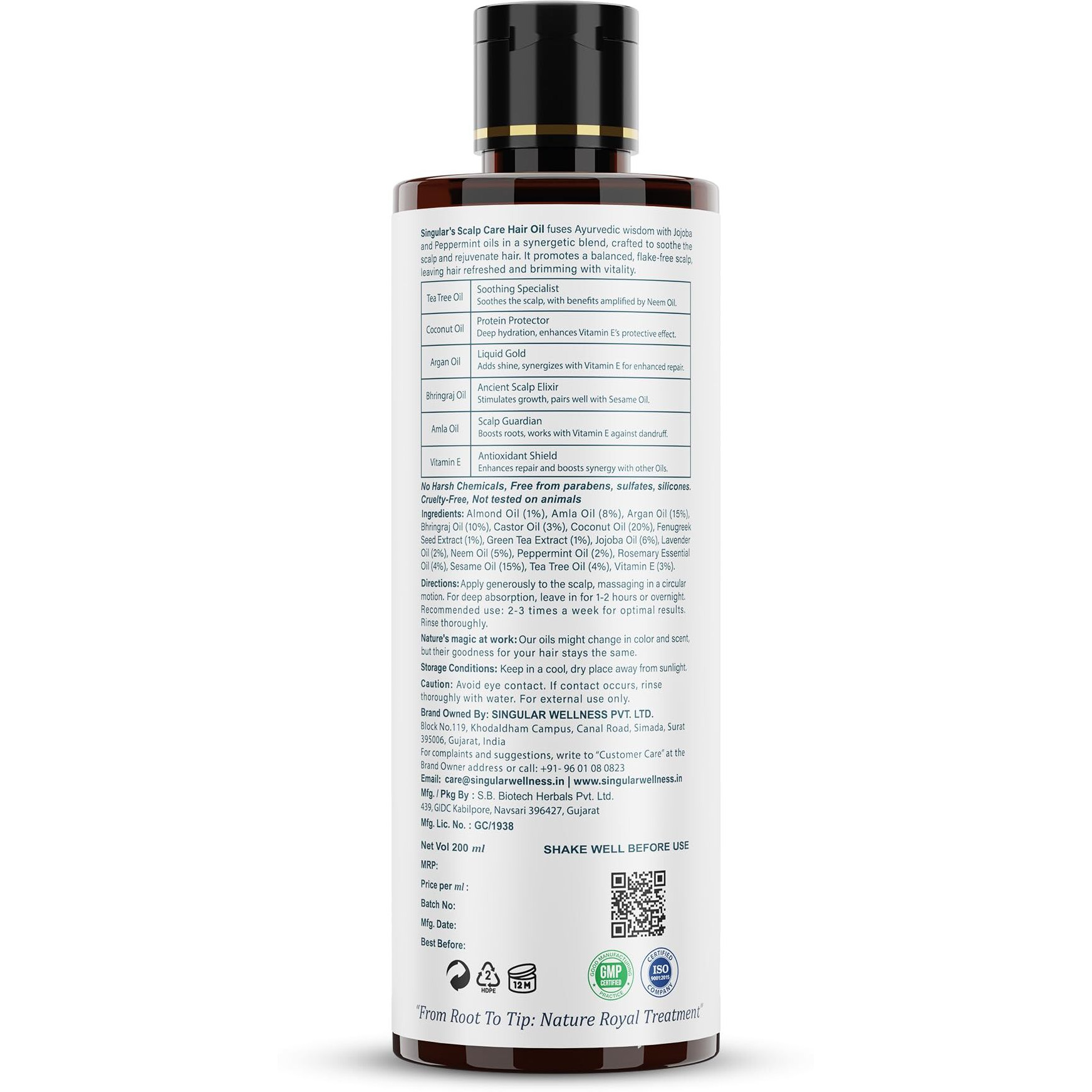 Singular Scalp Care Hair Oil For Itchy Scalp, Soothing & Sebum Control, Cold-Pressed With Tea Tree, Neem, Argan & More - 200Ml