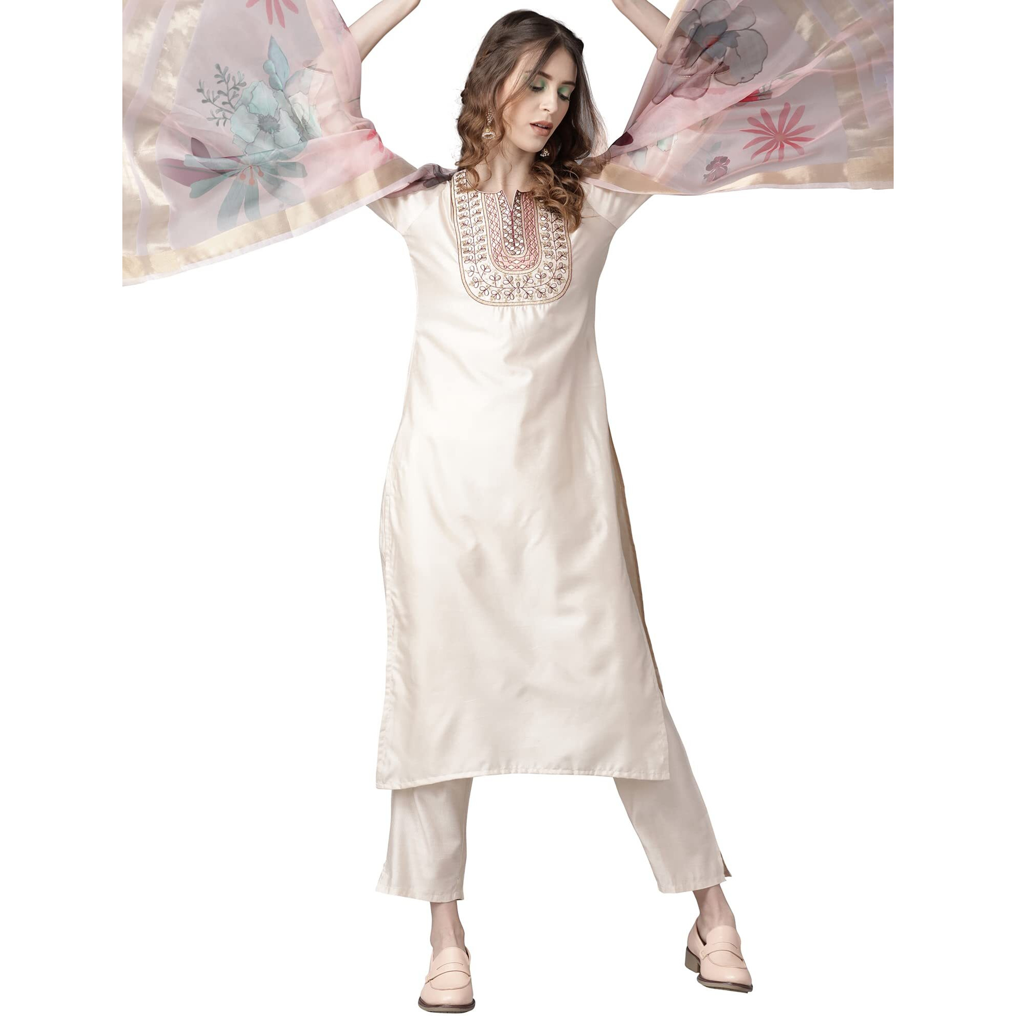 Indo Era Women's Embroidered Viscose Straight Kurta With Pant & Dupatta Set (Off White_Rrrrr2439_Large, Regular Fit)