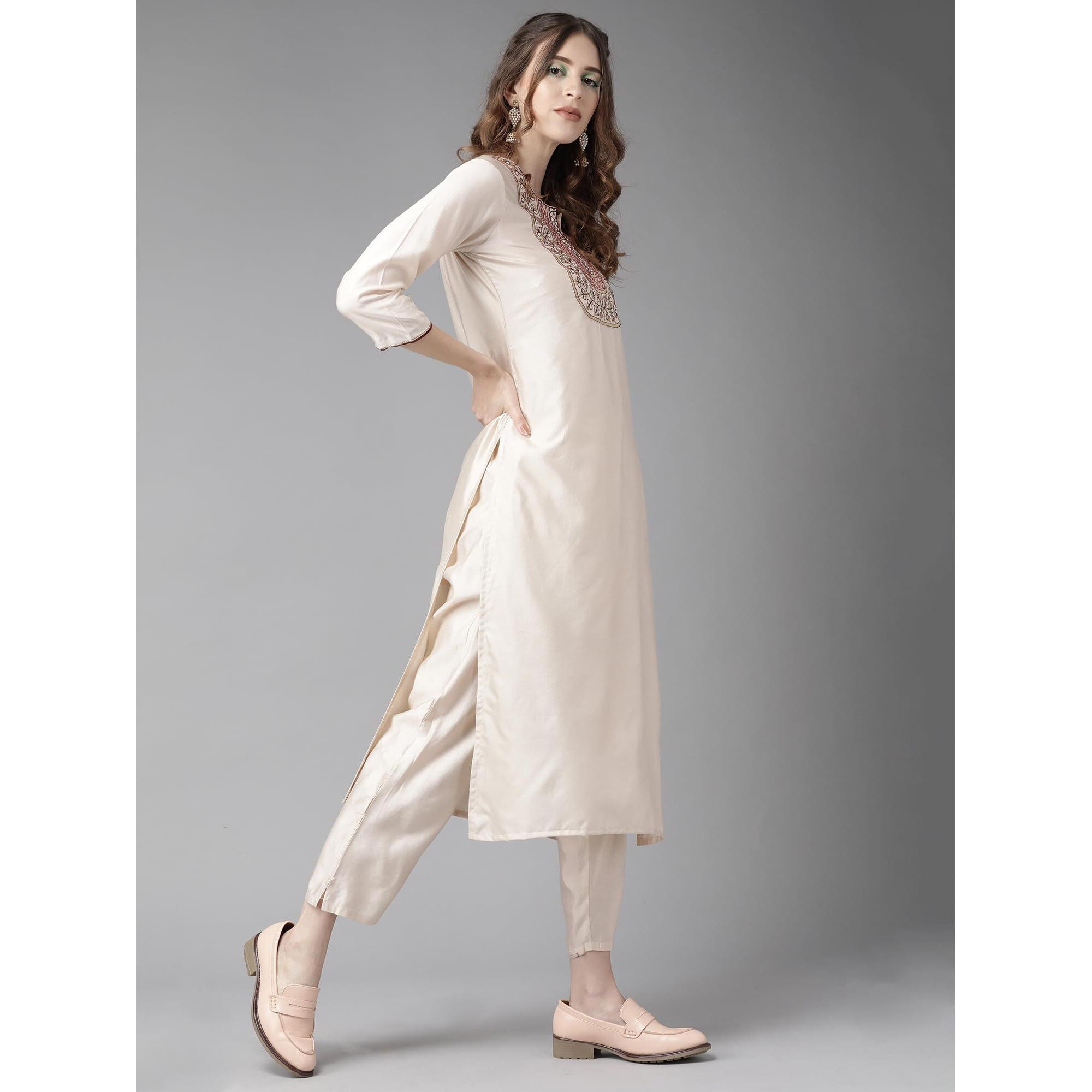 Indo Era Women's Embroidered Viscose Straight Kurta With Pant & Dupatta Set (Off White_Rrrrr2439_Large, Regular Fit)