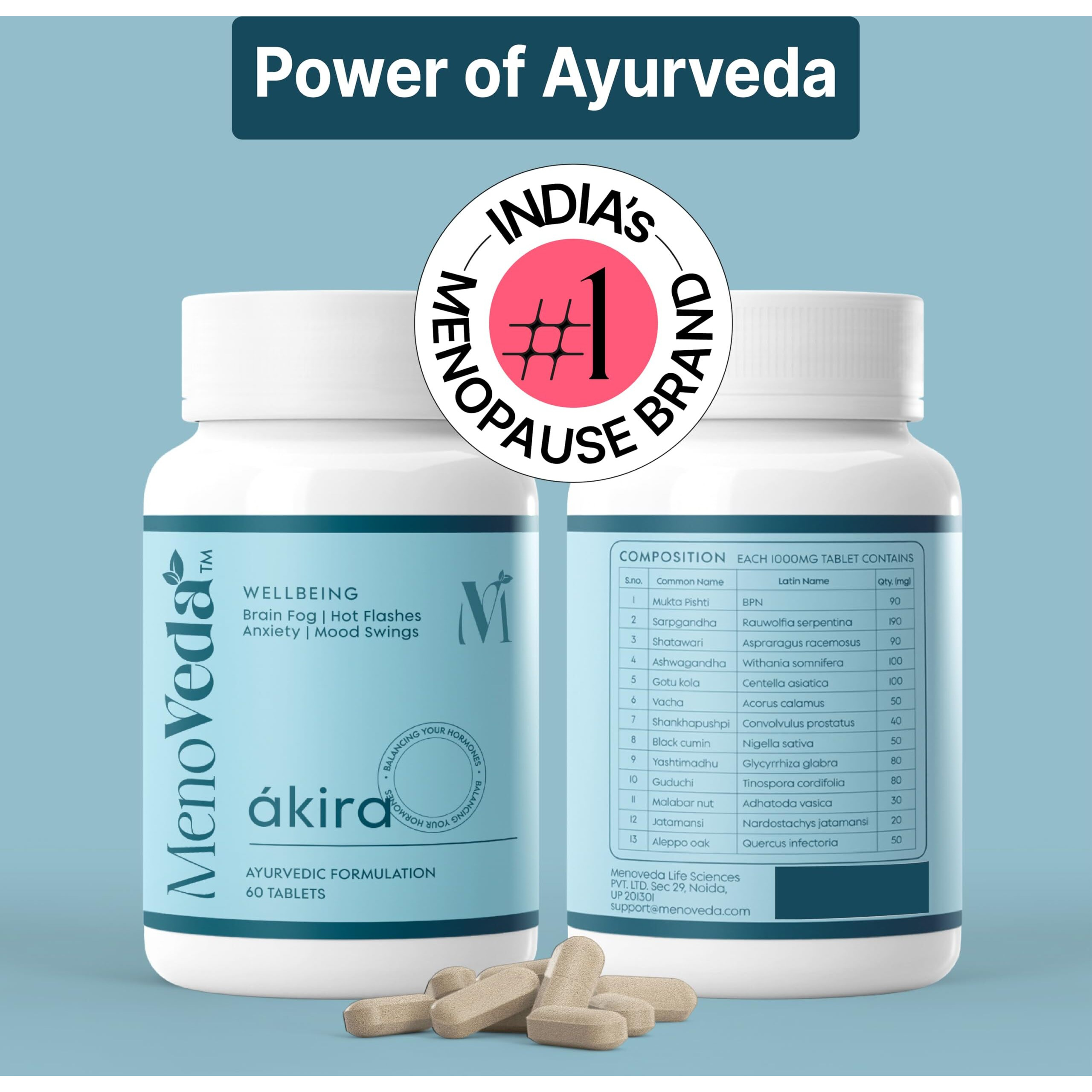 Menoveda Akira Nearing Menopause Supplements For Women | Manage Hot Flashes | Stress | Night Sweats | Fatigue | Ayurvedic Tablets For Women - 60 Tab