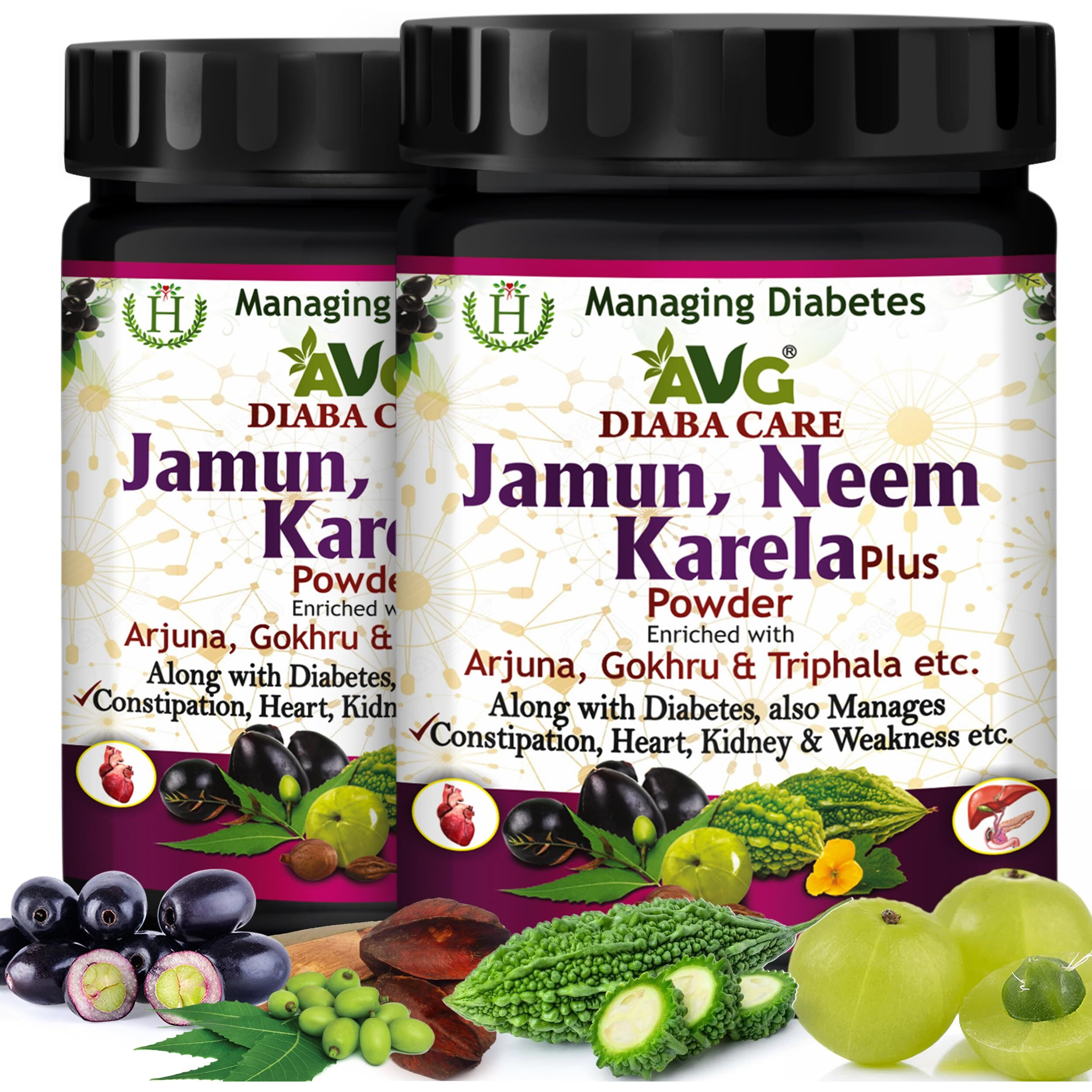 Avg Health Organics Diaba Care Karela Jamun Neem Powder 200Gm Each, Pack Of 2 Diabetes Care Ayurvedic Supplement With Arjuna, Gokhru & Triphala, Helps In Relieving Constipation