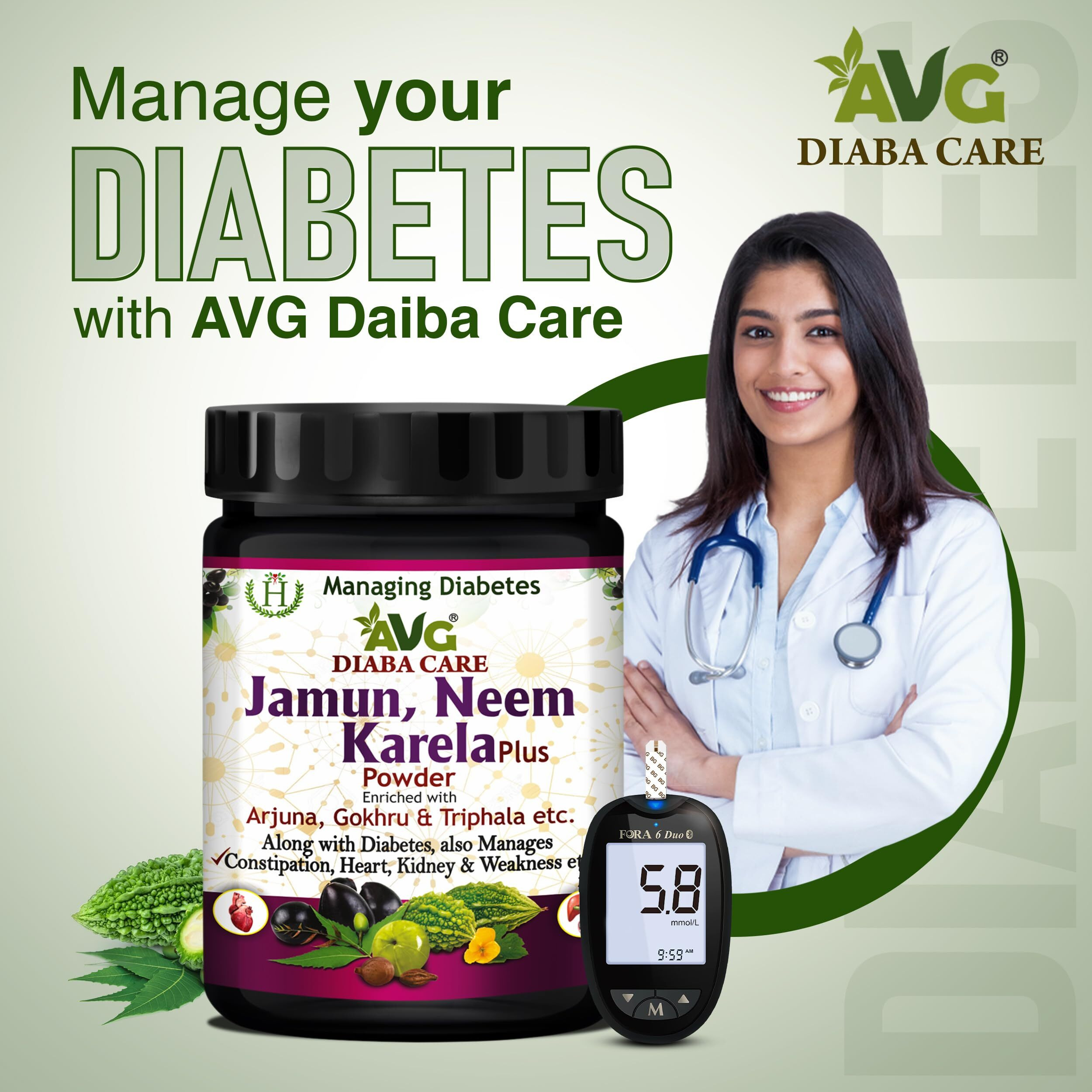 Avg Health Organics Diaba Care Karela Jamun Neem Powder 200Gm Each, Pack Of 2 Diabetes Care Ayurvedic Supplement With Arjuna, Gokhru & Triphala, Helps In Relieving Constipation