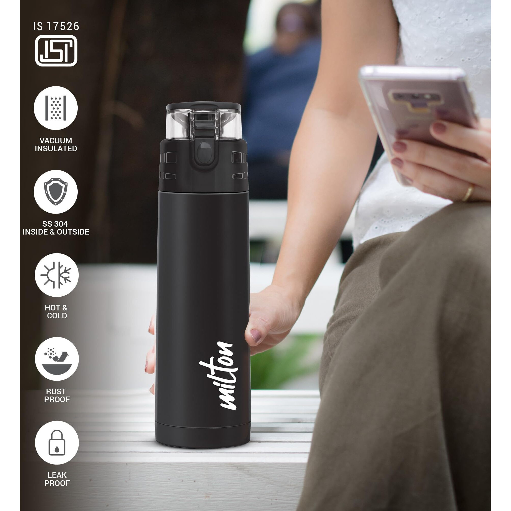 Milton Atlantis 400 Thermosteel Insulated Water Bottle, 350 Ml, Black | Hot And Cold | Leak Proof | Office Bottle | Sports | Home | Kitchen | Hiking | Treking | Travel | Easy To Carry | Rust Proof