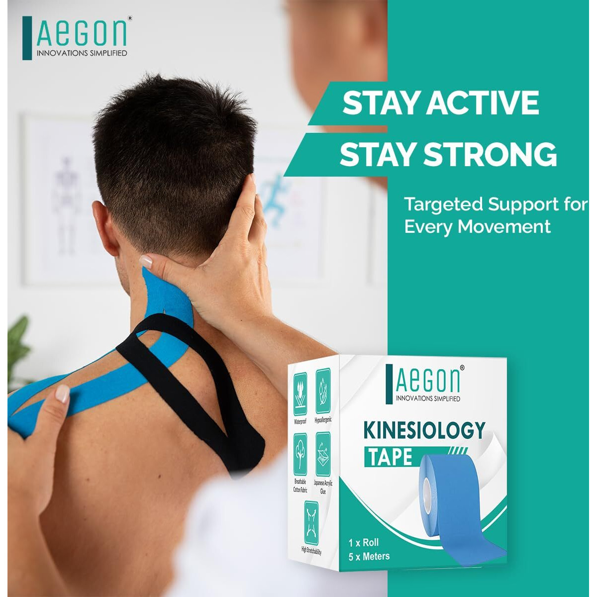 Aegon Waterproof Kinesiology Tape 5 Metres Latex Free Breathable Athletic Sports Tape For Injury, Muscle Support, Pain Relief, Joint Support And Physiotherapy (Blue, 5 Cm)