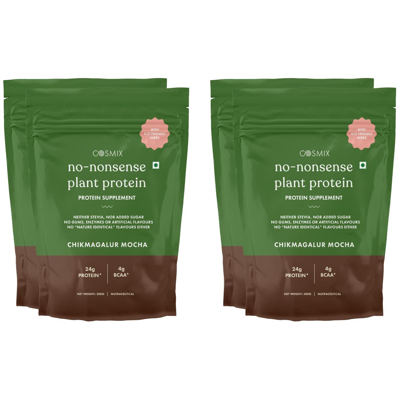 Cosmix No Nonsense Plant Protein | Organic Pea & Rice Isolate | Vegan | 24G Protein/Serving | All Essential Amino Acids | No Preservatives| Coffee + Chocolate Chikmagalur Mocha -2Kg (500 * 4)