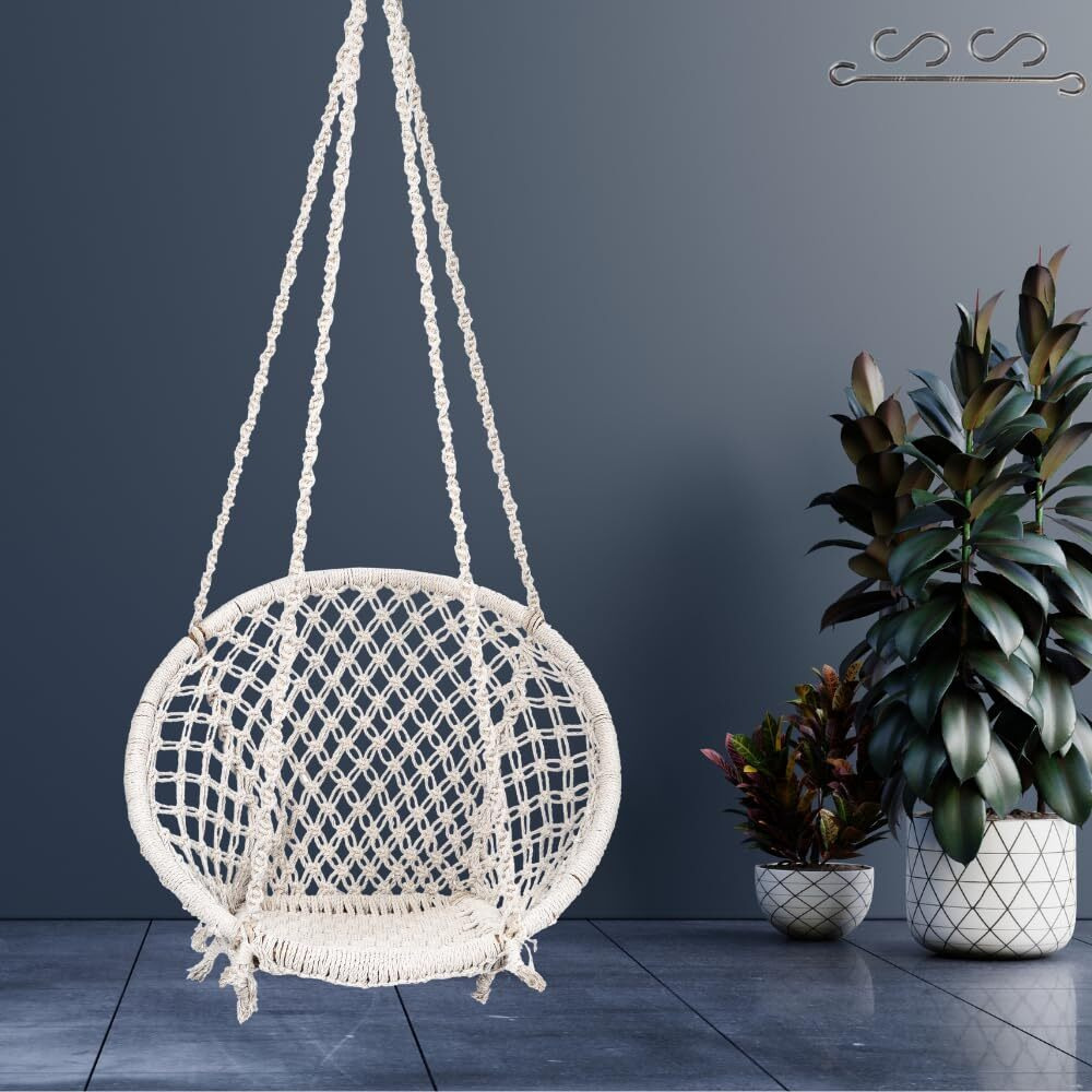 Patiofy Swing For Adults And Kids | Suitable For Living Room, Balcony | Capacity Upto 120 Kgs | Includes Free Hanging Accessories | Handmade Jhula With Cotton Rope | Jhula For Adults (Off-White)