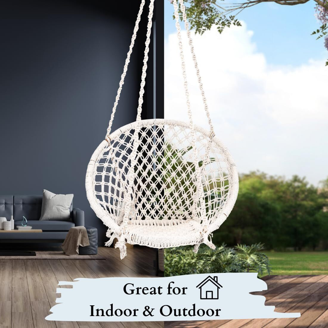 Patiofy Swing For Adults And Kids | Suitable For Living Room, Balcony | Capacity Upto 120 Kgs | Includes Free Hanging Accessories | Handmade Jhula With Cotton Rope | Jhula For Adults (Off-White)