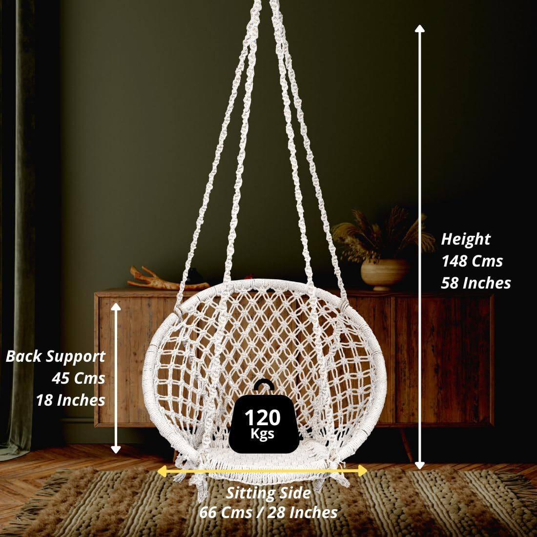 Patiofy Swing For Adults And Kids | Suitable For Living Room, Balcony | Capacity Upto 120 Kgs | Includes Free Hanging Accessories | Handmade Jhula With Cotton Rope | Jhula For Adults (Off-White)
