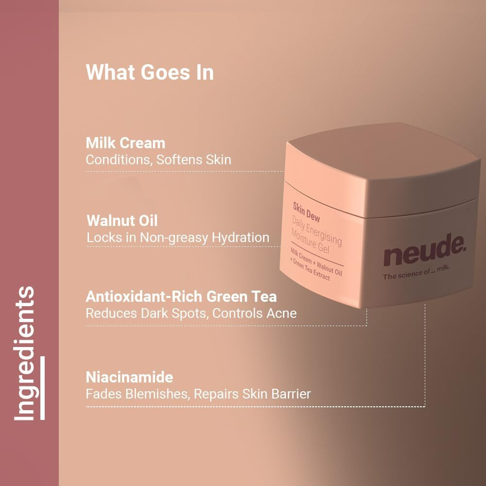 Neude Skin Dew 50Ml Energising Daily Gel Face Moisturizer With Milk Cream Green Tea Niacinamide For Men And Women Lightweight Non-Sticky Hydrating Cream For Oily And All Skin Types Paraben Free