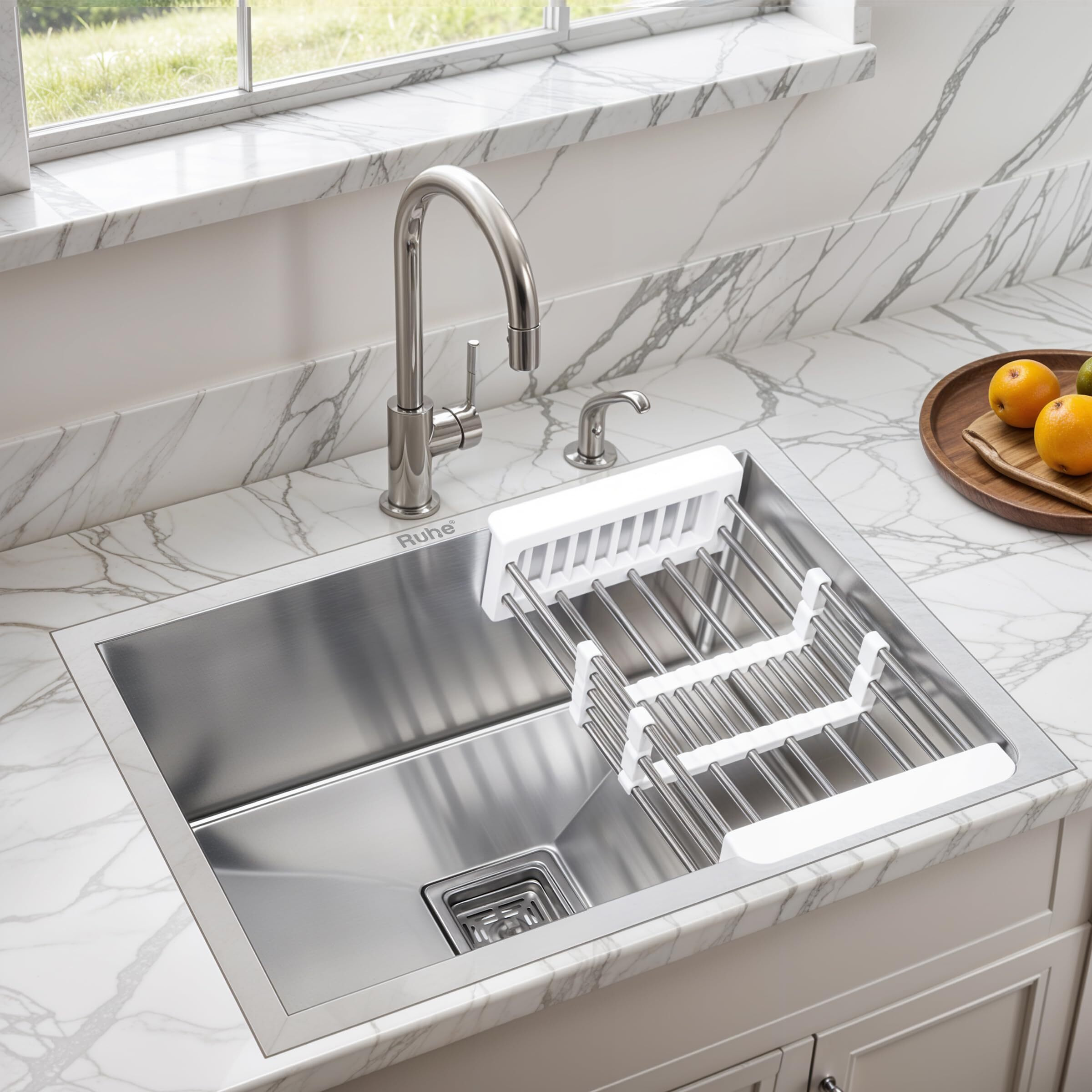 Ruhe Handmade Exclusive Single Bowl 21X18X10 Kitchen Sink | Premium Stainless Steel Handmade Exclusive Kitchen Sink | Brushed Matte Finish | Strainer-Basket/Sink Coupling/Waste Pipe - Grey