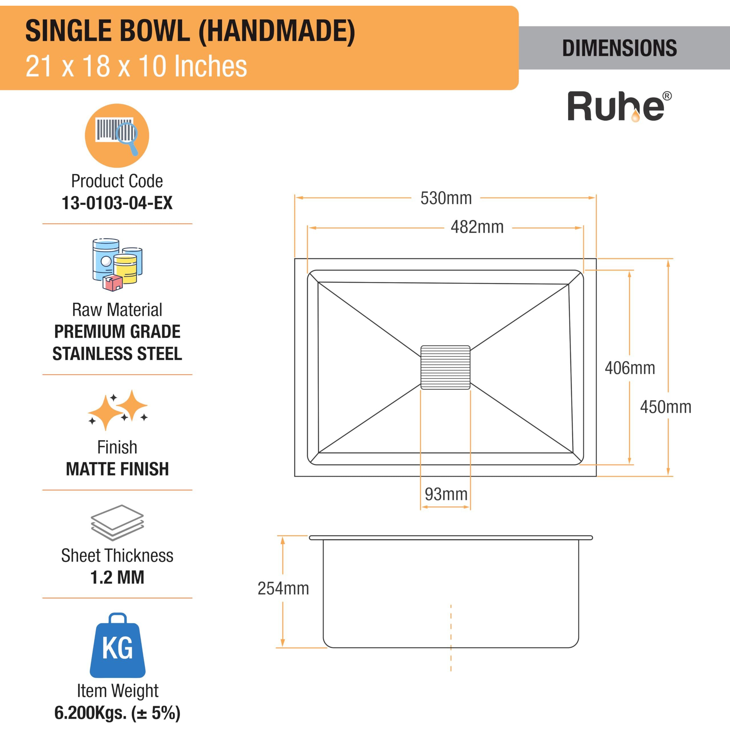 Ruhe Handmade Exclusive Single Bowl 21X18X10 Kitchen Sink | Premium Stainless Steel Handmade Exclusive Kitchen Sink | Brushed Matte Finish | Strainer-Basket/Sink Coupling/Waste Pipe - Grey