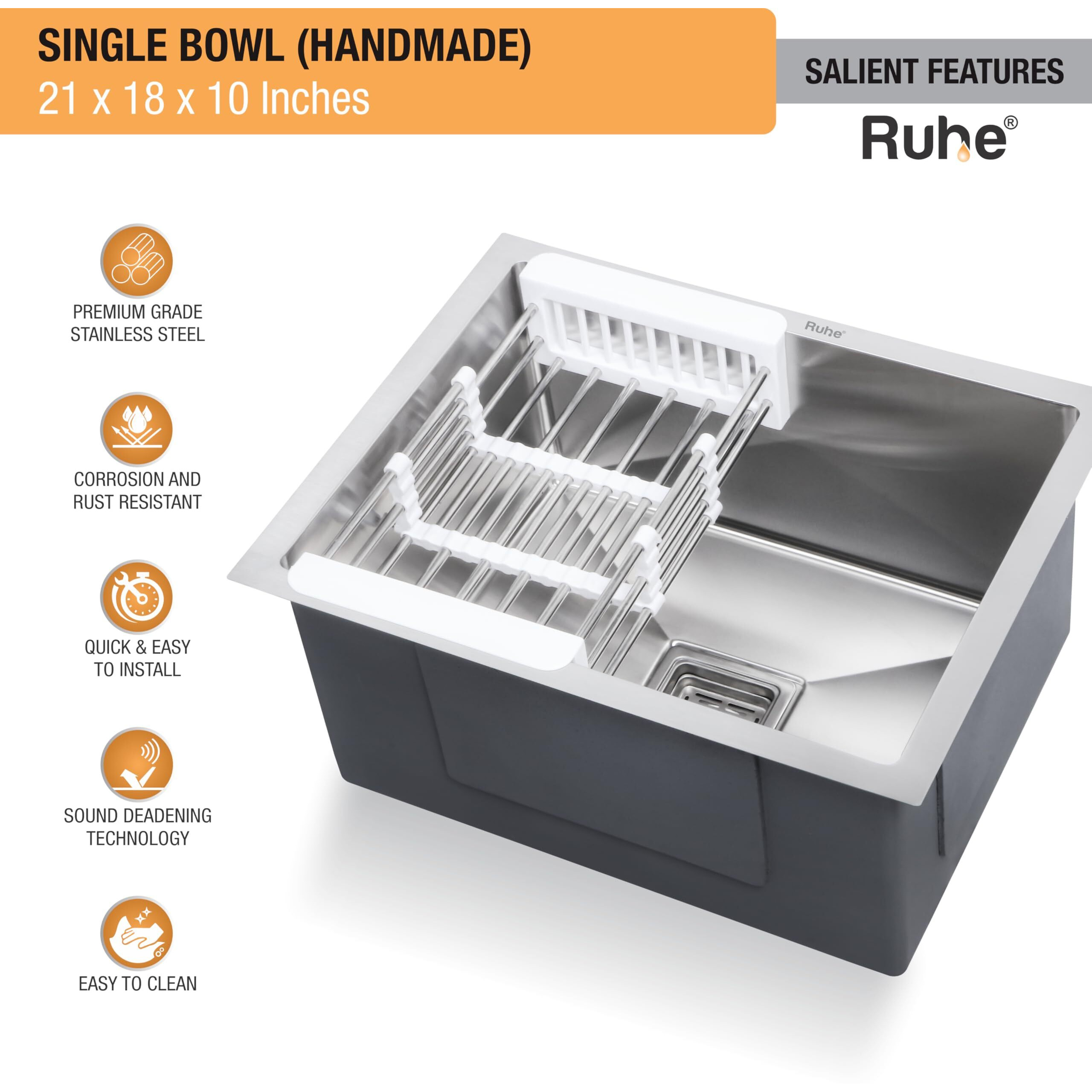 Ruhe Handmade Exclusive Single Bowl 21X18X10 Kitchen Sink | Premium Stainless Steel Handmade Exclusive Kitchen Sink | Brushed Matte Finish | Strainer-Basket/Sink Coupling/Waste Pipe - Grey