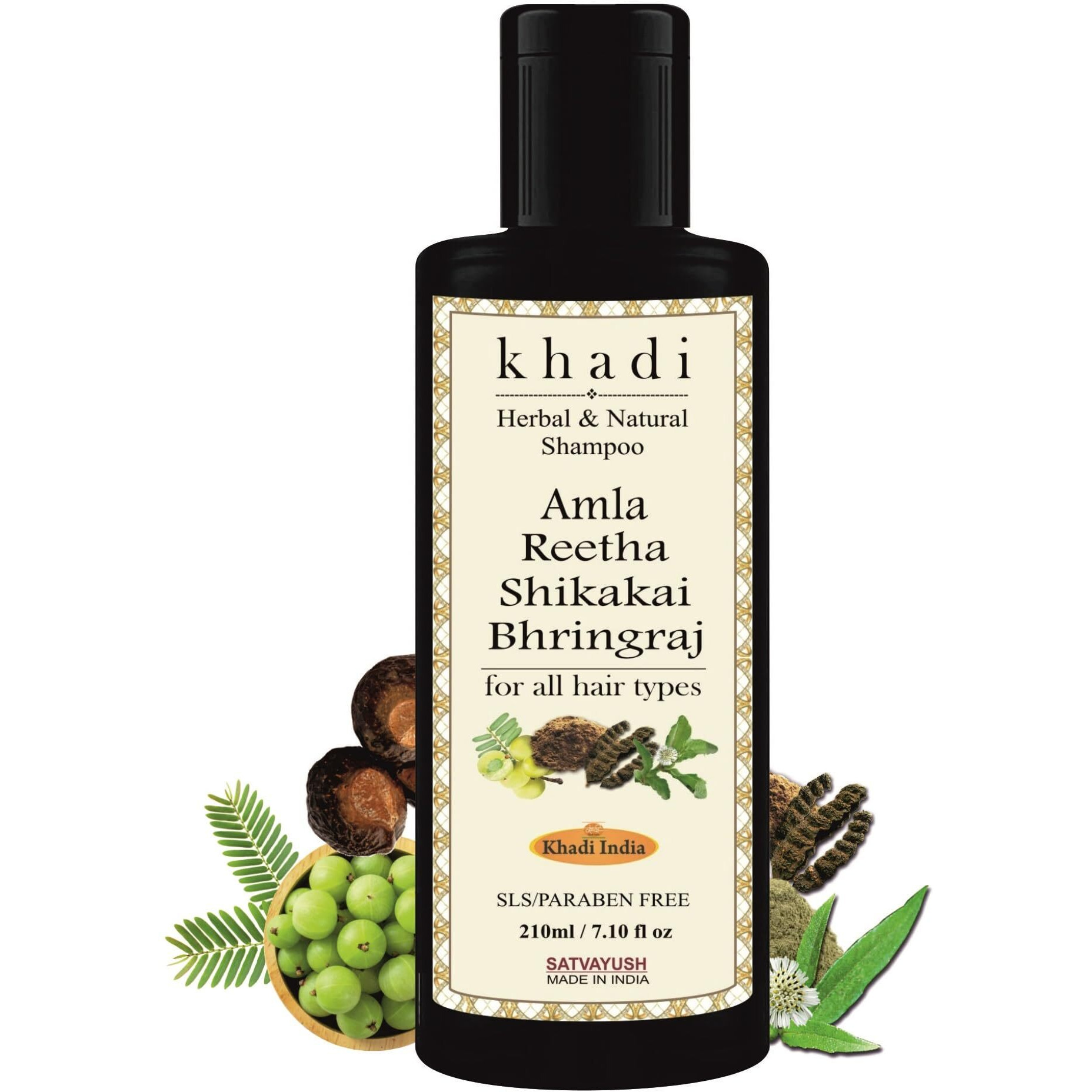 Satvayush Khadi Amla Reetha Shikakai Bhringraj Sls-Paraben Free Ayurvedic Shampoo Anti Dandruff -210 Ml