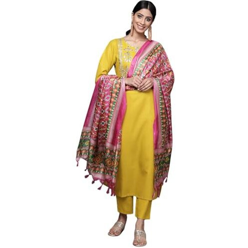 Amayra Women's Embroidered Cotton Straight Kurta With Pant And Dupatta Set(Yellow,M)