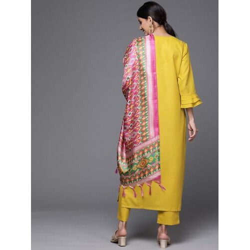 Amayra Women's Embroidered Cotton Straight Kurta With Pant And Dupatta Set(Yellow,M)