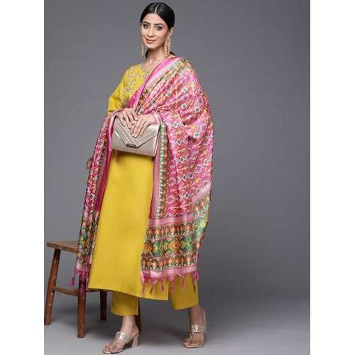 Amayra Women's Embroidered Cotton Straight Kurta With Pant And Dupatta Set(Yellow,M)