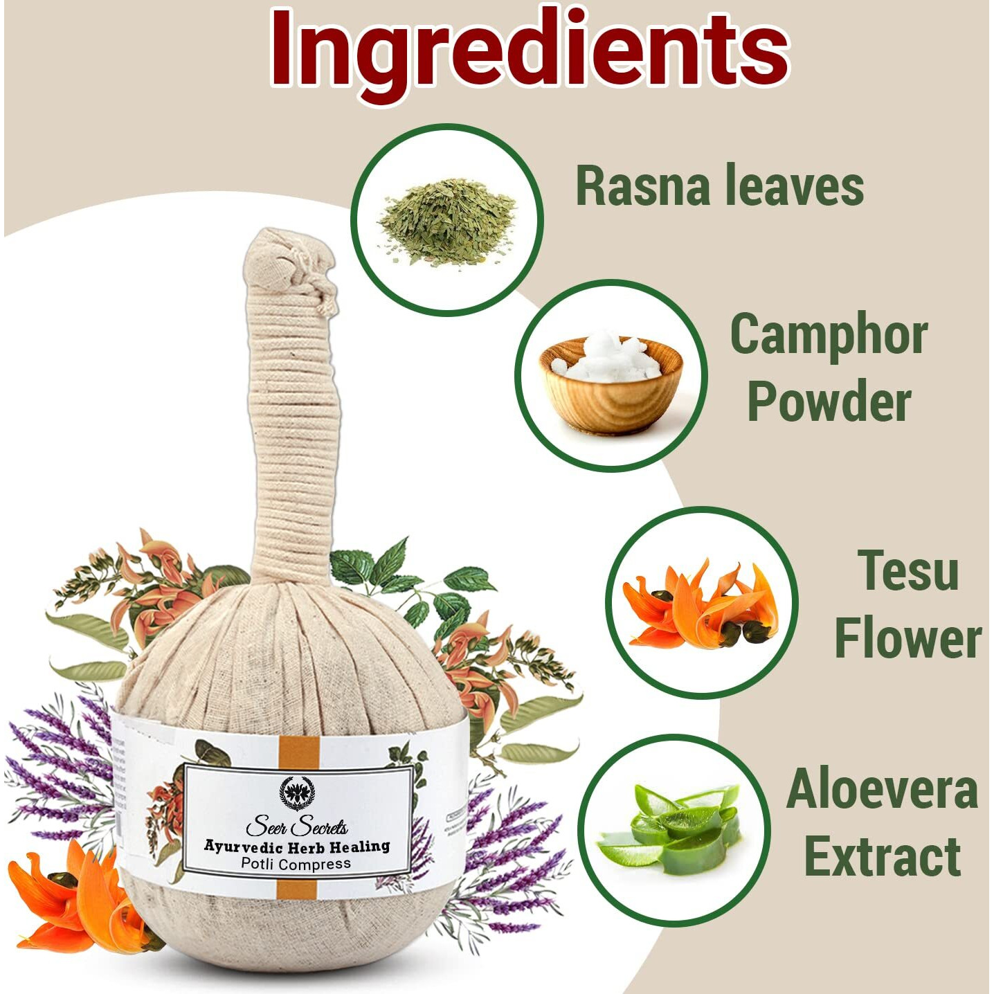 Seer Secrets 100% Natural Ayurvedic Herbal Manual Massager Potli, Pain Relief, Knee, Muscles Relaxation, Neck, Back, Legs, Increase Blood Circulation For Men Women - 180Gm