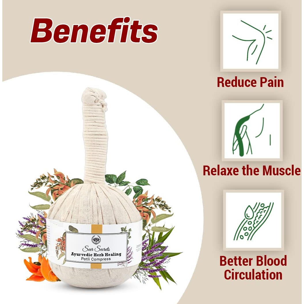 Seer Secrets 100% Natural Ayurvedic Herbal Manual Massager Potli, Pain Relief, Knee, Muscles Relaxation, Neck, Back, Legs, Increase Blood Circulation For Men Women - 180Gm