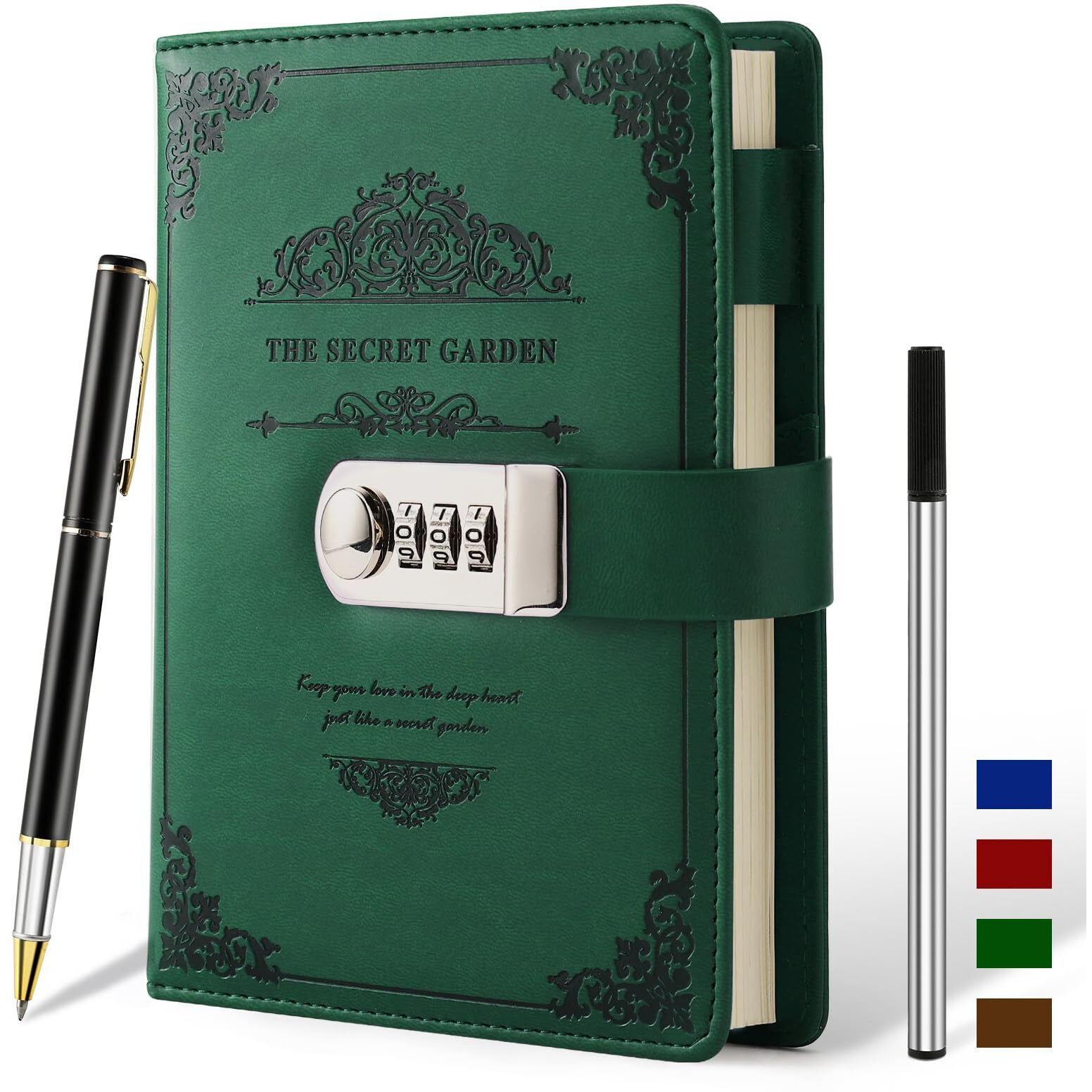 Xiyunte Diaries With Lock, A5 Adult Diary With Lock, Vintage Pu Leather Journal Notebook With Pen, Personal Diary With Pen Holde 200 Pages 100Gsm Premium Thick Paper, Gift Box-Green
