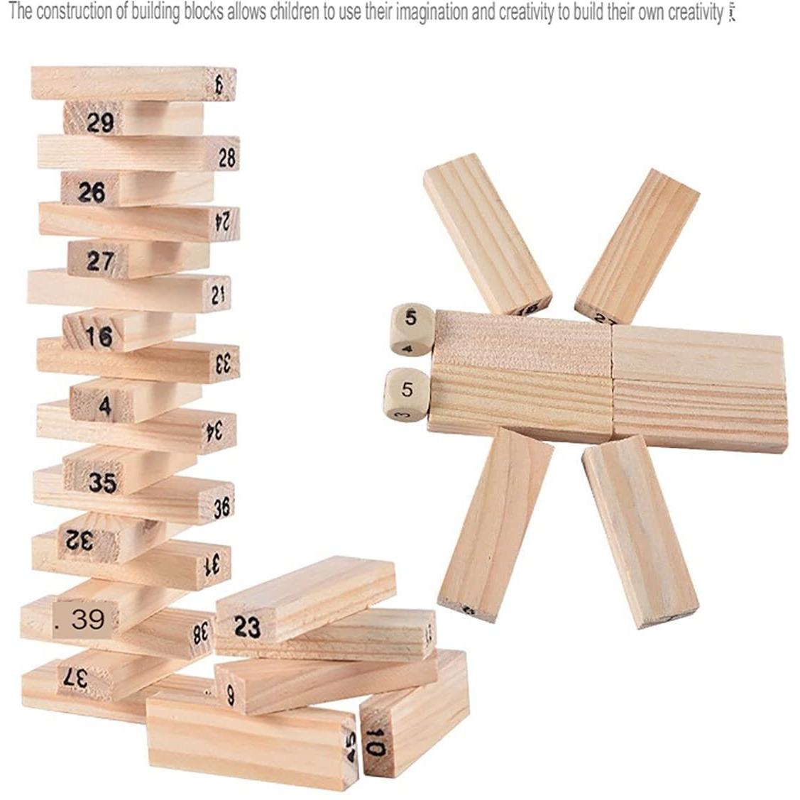 Shinetoy Entertain Kids Wooden Blocks 51 Pcs 4 Dice Building Blocks Game Challenging Wooden Tumbling Tower, Wooden Stacking Toys With Dices Board Educational Puzzle Game For Adults And Kids