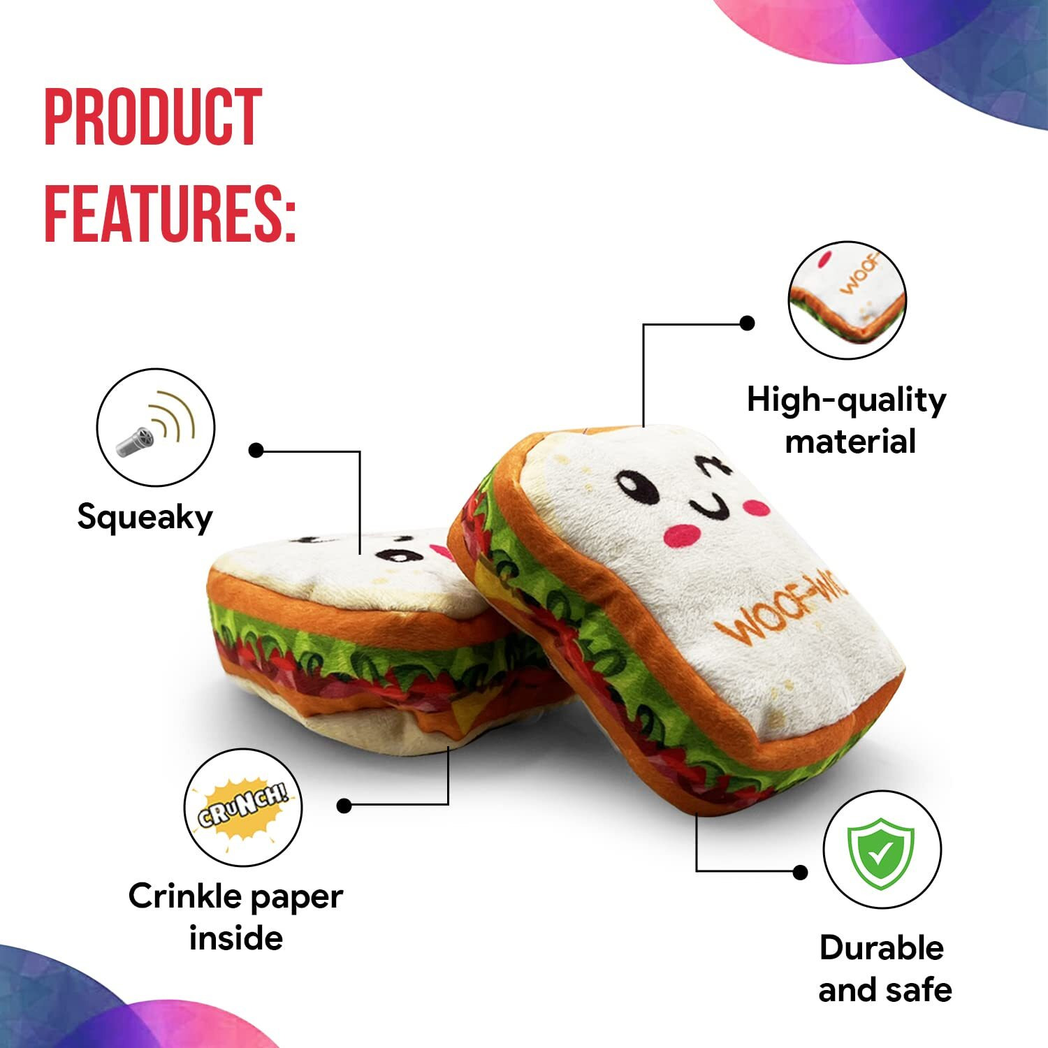 Goofy Tails Food Buddies Sandwich Plush Toys For Dogs| Crinkle Dog Toys For Puppies| Dog Squeaky Toy| Soft Toys For Dogs And Puppies| Pet Toys For Dog| Squeaky Toy For Dogs