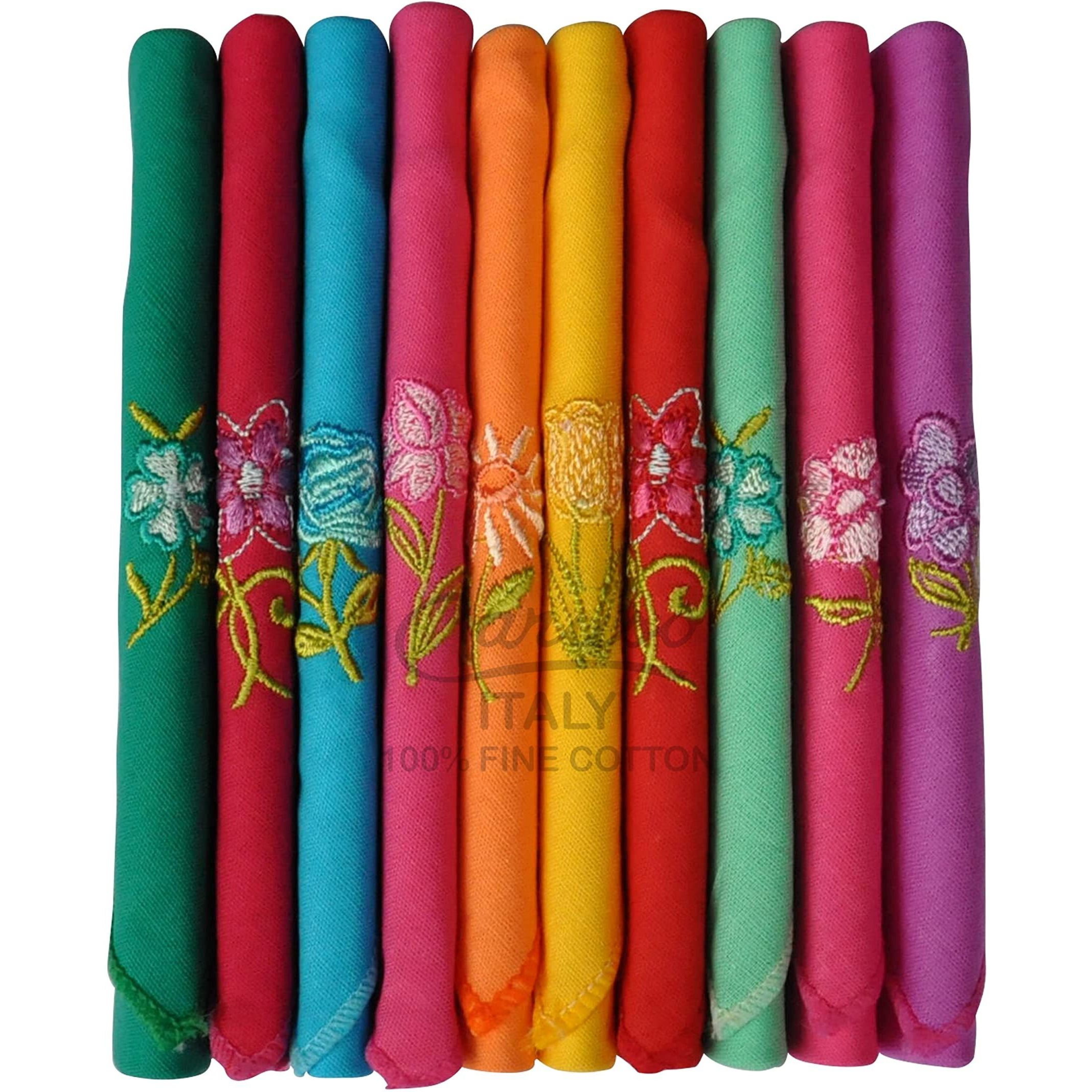 Caruso Italy Dark Women's Casual Style Embroidered 100% Pure Cotton Handkerchief Multicolor - Pack Of 10