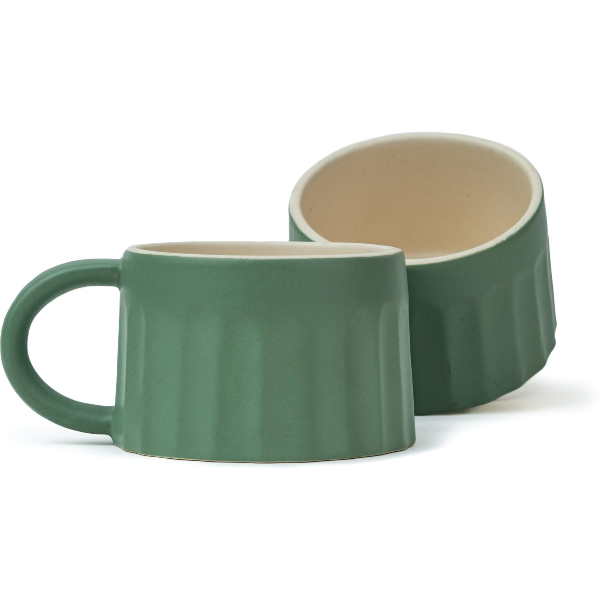 Shay Ceramic Line Cappuccino Cup, Set Of 2, Rustic Green, 300Ml | Cappuccino Cup | Matte Finish | Large Cup For Coffee | Premium Stoneware Coffee Cup | Microwave Safe (Line Cappuccino - Rustic Green)