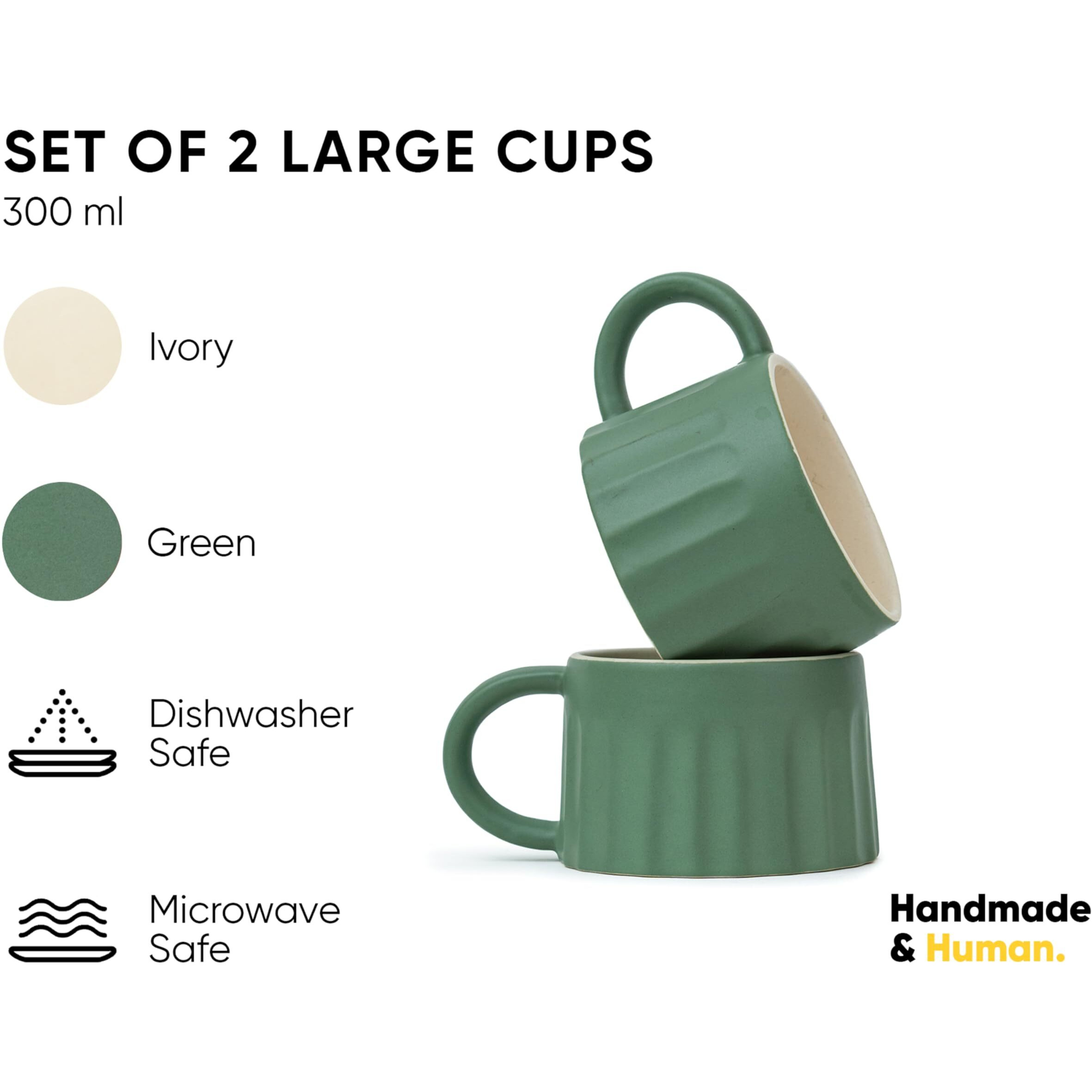 Shay Ceramic Line Cappuccino Cup, Set Of 2, Rustic Green, 300Ml | Cappuccino Cup | Matte Finish | Large Cup For Coffee | Premium Stoneware Coffee Cup | Microwave Safe (Line Cappuccino - Rustic Green)